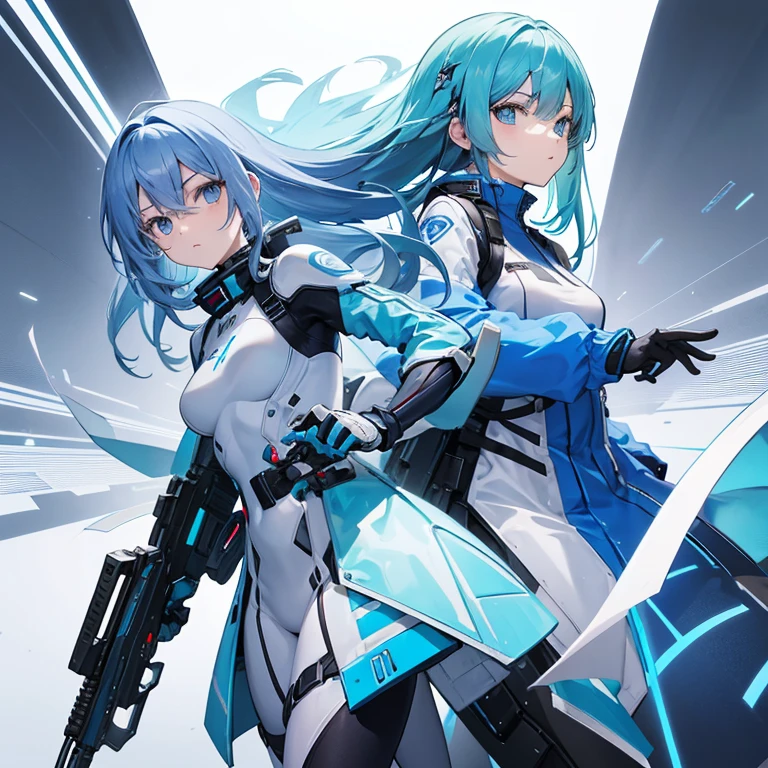With a shotgun of the future、Dressed in a light blue futuristic combat suit、teens girl