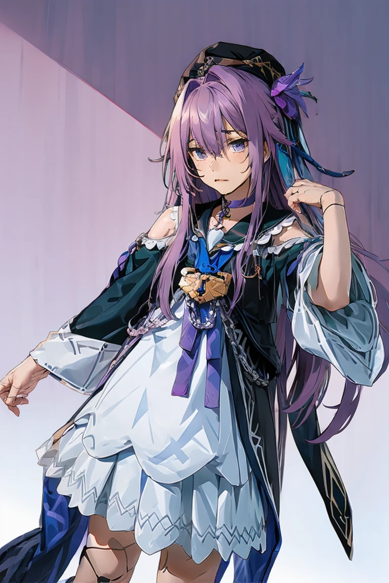 long hair, mole under mouth, purple hair, hair between eyes, aqua eyes, 1girl, cowboy shot, expressionless, herta cosplay costume, cosplay, ankle boots, hat, anime_style, ite