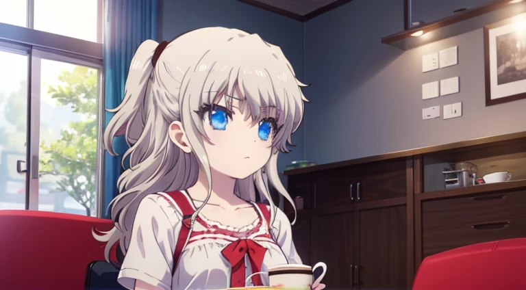 Masterpiece, best quality, 1female, nao tomori, charlotte, gray hair, blue pupil, cute, scraf, cafe, casual