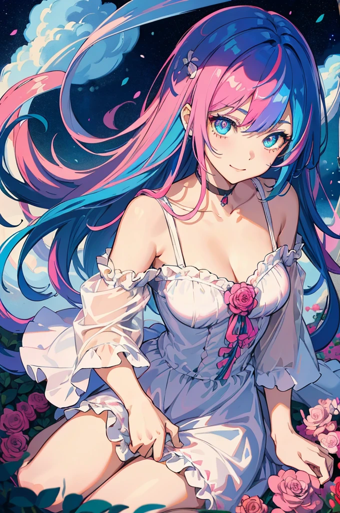 ((Best Quality, masutepiece)), ((style-swirlmagic):0.75)
1girl in,(((masterpiece)))、((ultra-detailliert、top-quality、hight resolution、Cinematographic lighting))、fullllbody、From above、Fulll body Shot (1人)(rainbow-colored hair、colourful hair、Half blue and half pink hair:1.2)(Both sides up)(green colored eyes)、eyeshadows、eye liner、Glow Eye、Hyper Detail Eye、intricate eyes、beautidful eyes、((Glowing blue pupil))18 year old girl、seducting smile、Detailed, crimson light, Detailed background, Pink rose field, white sundress, Scary clouds, light Particle, Sitting on roses,