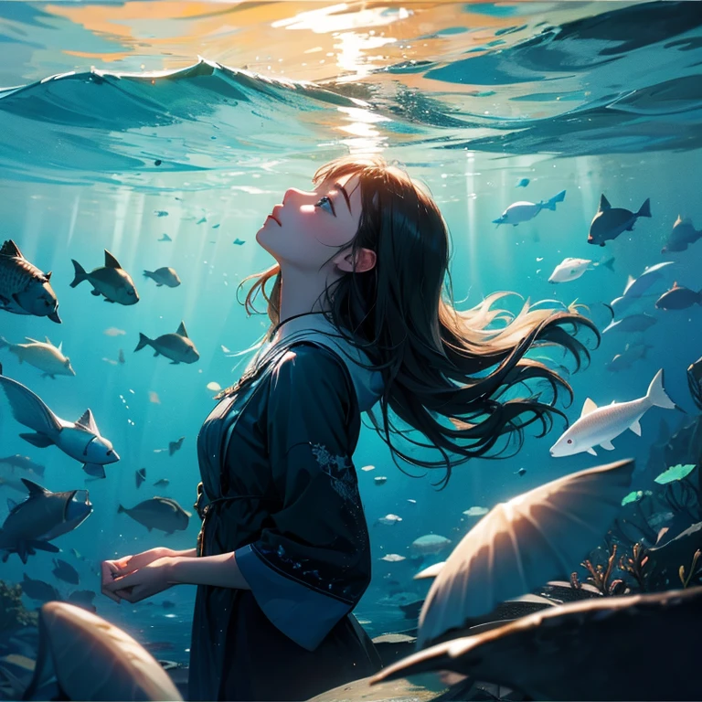 Dark underwater、Looking up at the surface of the sea flooded with light、One-person viewpoint、