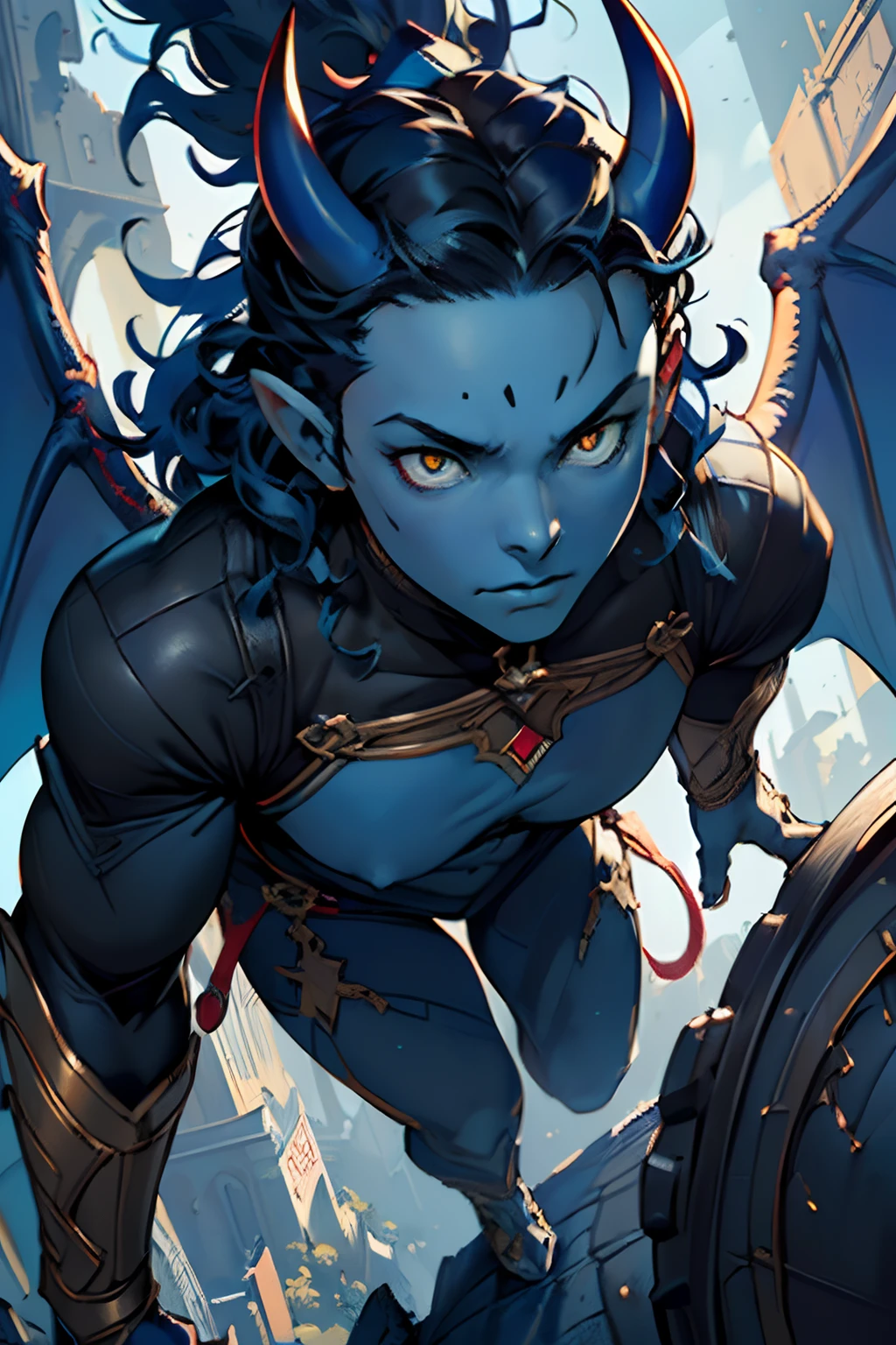 beste-Qualit, tmasterpiece, extra high resolution, Detailed, realisti, 独奏, The Man with the Red Skin, with horns, Fantasy City Resident Clothes, black  hair, blue skin color, (((Completely blue:1.8)), curls that grow from the forehead, blue skin, Yellow eyes, tiefling, Devil's Tail, blue skin color ,((without wings:1.3)), in full height, no wings, in clothes, Resident's clothes, fantasy, Medieval times, inhabitant, D&D, Horror \(subject\), Dark Fantasy, Depth of field, non-human,(Ultra-detailed:1.3), Finely detailed, Ultra-detailed, (dynamicpose:1.0),(centered, scale to fit the dimensions, the rule of thirds), hight resolution, sharp-focus,(Ultra Detailed, Extremely detailed),(Photorealistic works of art:1.37),(extremely detailed CG unity 8k wallpaper),(((bright colours, A striking theme))),(Intricate),(Masterpiece),(Best Quality).