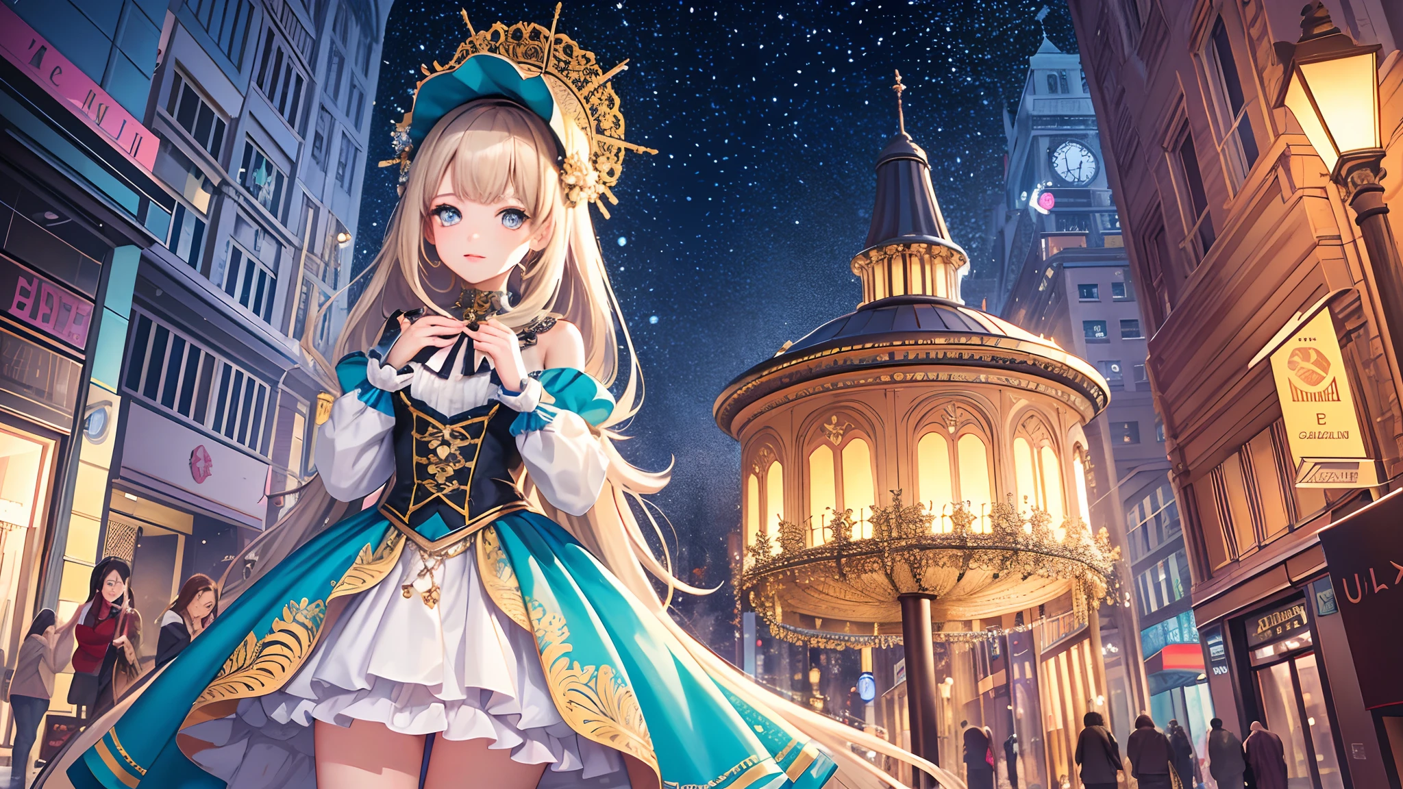 (tmasterpiece,top Quority,best qualtiy,offcial art,Beauty and aesthetics:1.2),(1girll:1.5),Extremely detailed,(s fractal art:1.3),Extremely colorful,Most detailed,Golden section,nighttime scene,the street,It was snowing heavily,Sparkle, Ray tracing,
