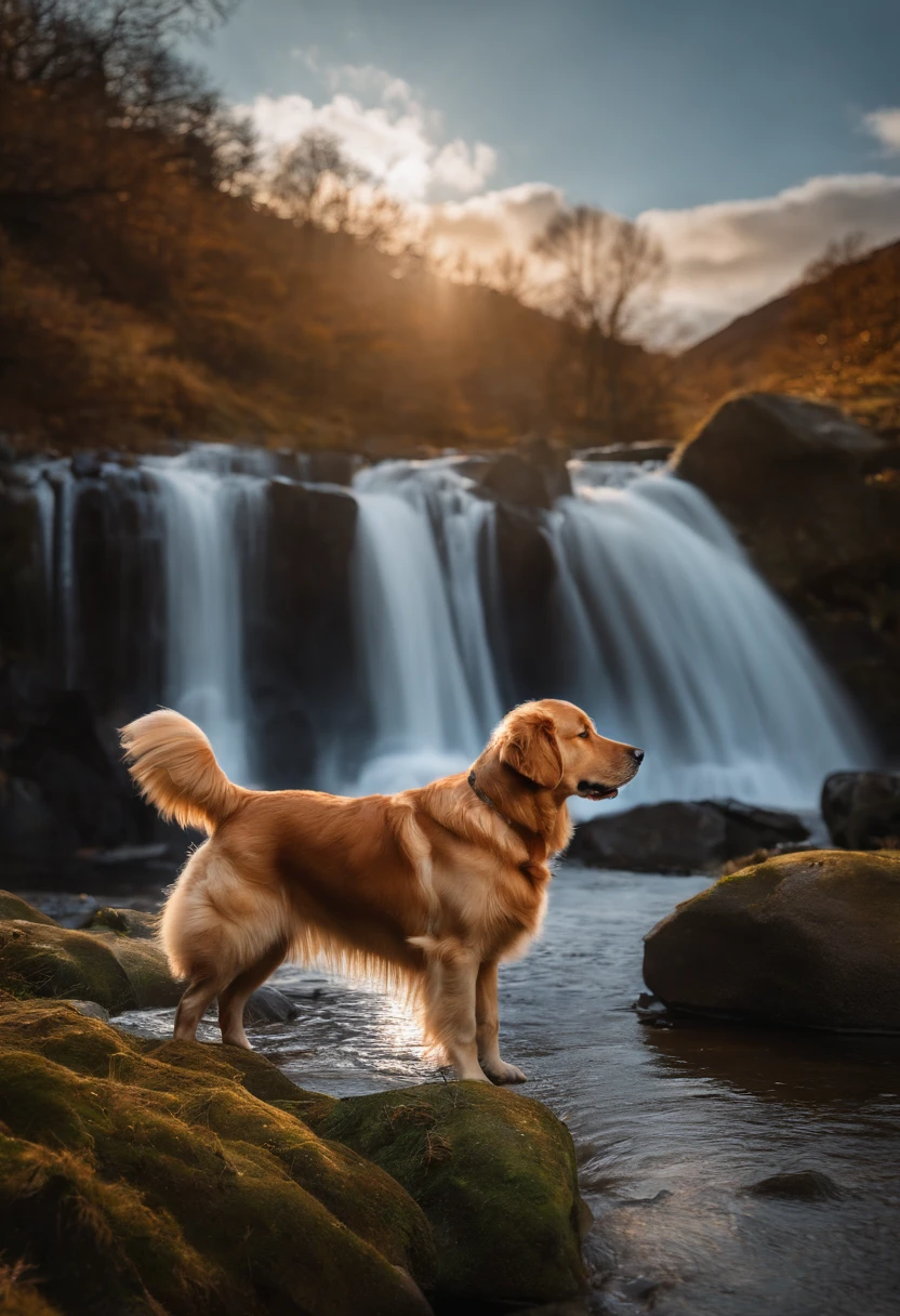 borzoi, UHD, 4K, a photograph of a adorable dog bathed in golden sunlight, he is standing gracefully near the ethereal beauty of a cascading waterfall