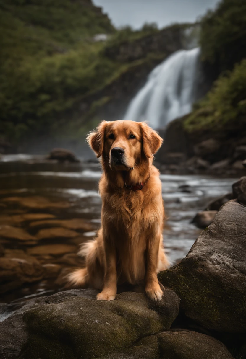 Golden Retriever, (weisses fell:1.3), 8k, extrem realistisch, gespannt, warm, Highly detailed, scharf, Professionell, 8K UHD, Film, Im Freien, Fluss, dramatisch, lebhaft, tense atmosphere, Wiedergabe, episch, nightfall, HDR, Albumcover, Blizzard, Auf einem Felsen im Fluss stehend