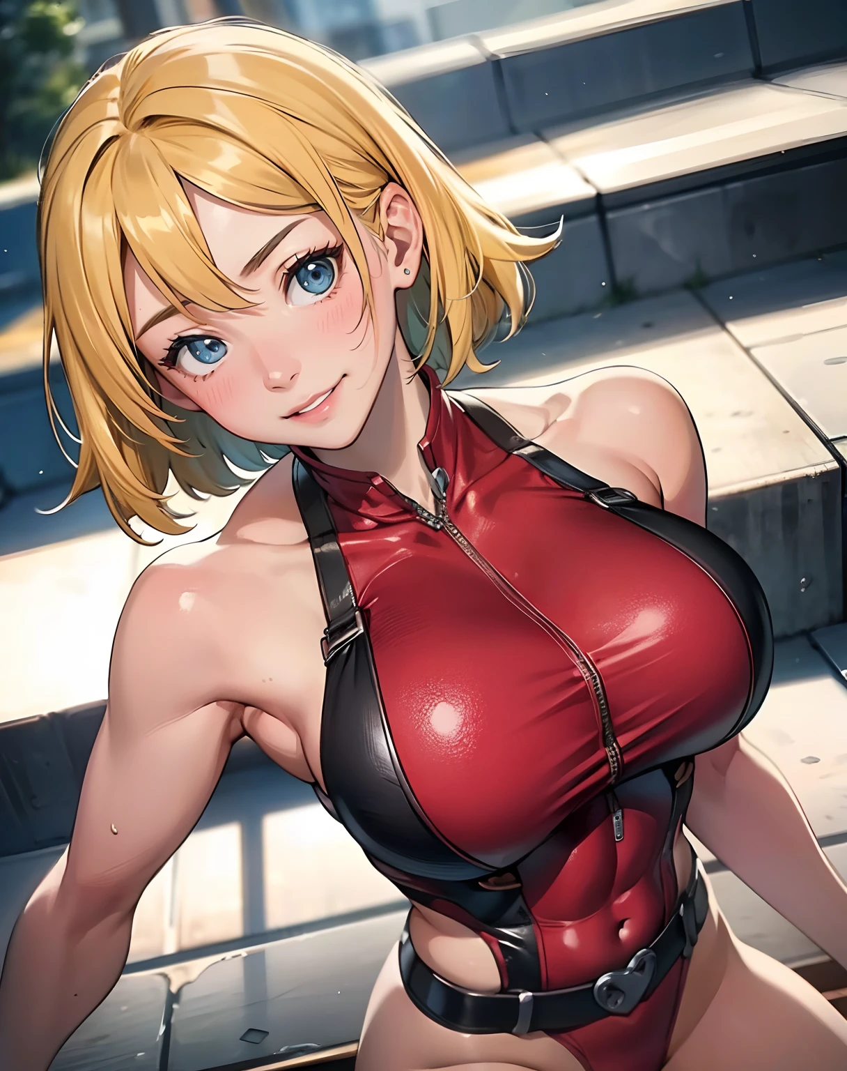 Best quality, Masterpiece, 超A high resolution, (Photorealistic:1.4), RAW photo, Best quality, 超高分辨率, (Photorealistic:1.4), 1girll, Solo, Clover \(Totally spy\), Blonde hair, Short hair, Blue eyes, red leotard, belt，posed for photo，A smile, huge tit,  Crazy swollen breasts, Fitness model，On the streets of the city