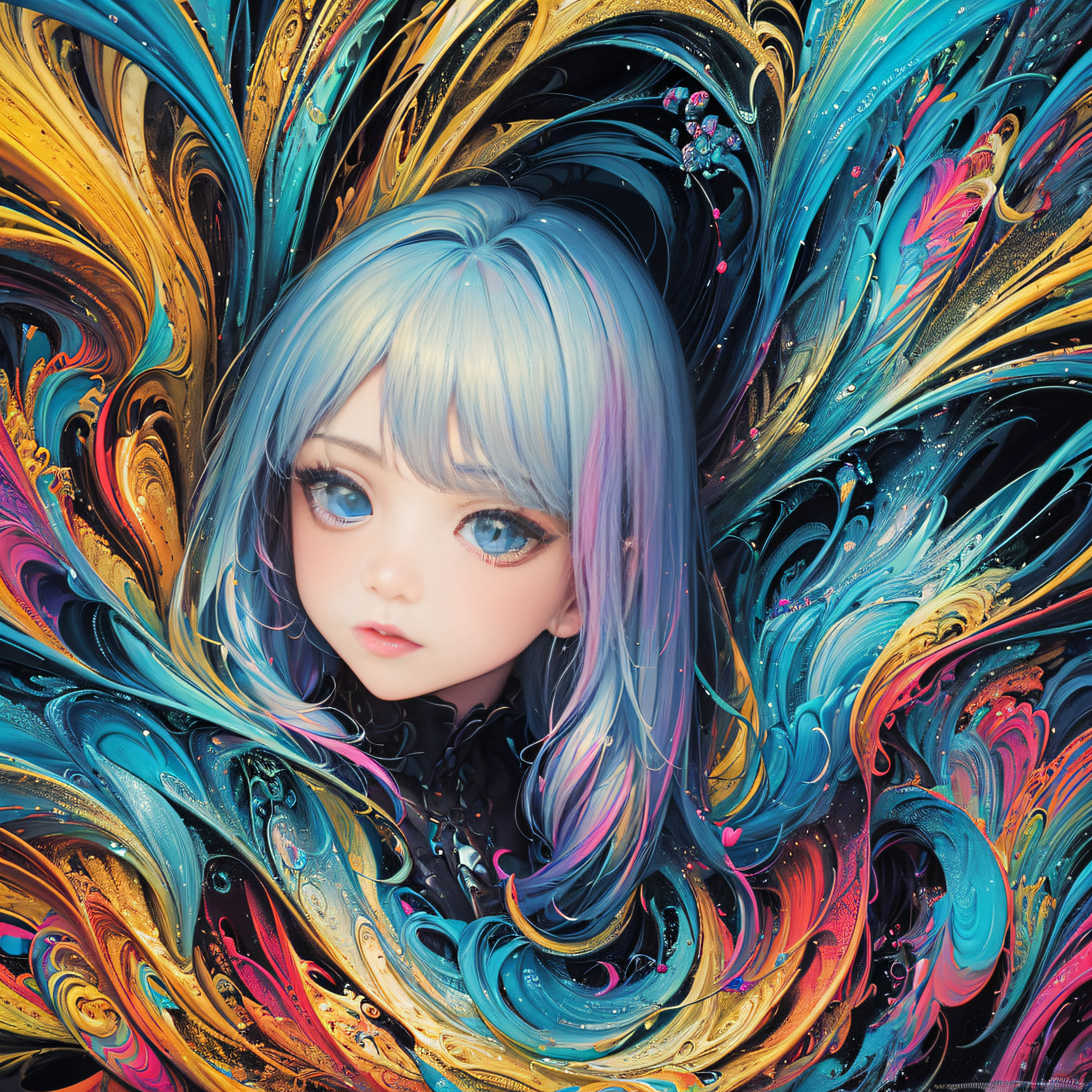 (masterpiece、top-quality、top-quality、Official art、Beautifully Aesthetic:1.2)、Highly detailed fractal art、(colourfull:1.5)、highest details、Zentangle、a closeup、 (1girl in:1.5), 独奏, (dynamicposes), (Abstract background:1.5), (shinny skin),