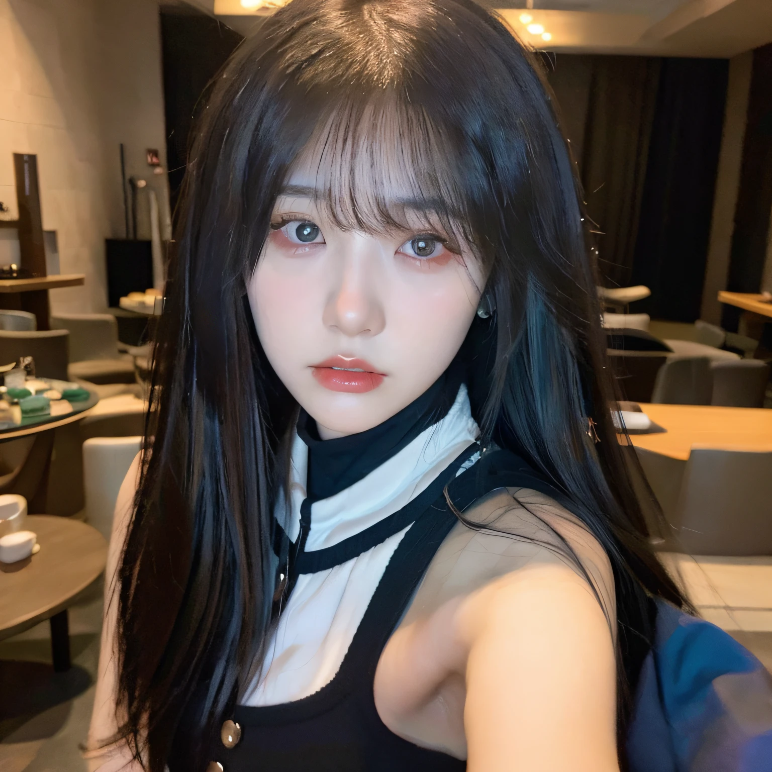 arafed woman with long black hair and blue hair taking a selfie, ulzzang, anime girl in real life, black hime cut hair, long dark hair with bangs, with straight black hair, long hair with full bangs, cruel korean goth girl, long black hair with bangs, hair blackbangs hair, sui ishida with black hair, long hair with bangs