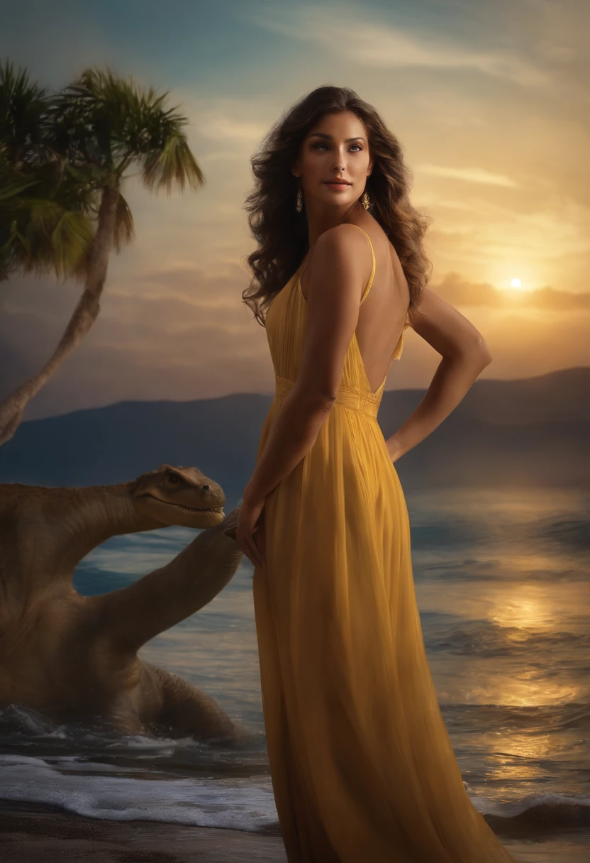(mejor calidad,4k,8k,altas,Pieza maestra:1.2),Ultra detallado,(realista,fotorrealista,fotorrealista:1.37),Mujer montando un dinosaurio,vestido de princesa,playa,genial,Jurassic Park,Estrellas,插圖,オイル,Renderizado 4D,retrato,pintura,Paisaje,colores vibrantes,Attention to detail,Stunning lighting,escena nocturna,cielo iluminado por la luna,Ambiente extravagante,pinceladas suaves,ethereal,magica,mystical creature,Ondas suaves,conchas,Arena mojada,Gaviotas,Agua con gas,lush greenery,cuento de hadas,aventura,inspirador,Childhood dreams,imaginativo,Pose elegante,cara sonriente,vivid eyes,Captivating expression,Corona de princesa,Vestido flotante,Cabello arrastrado por el viento