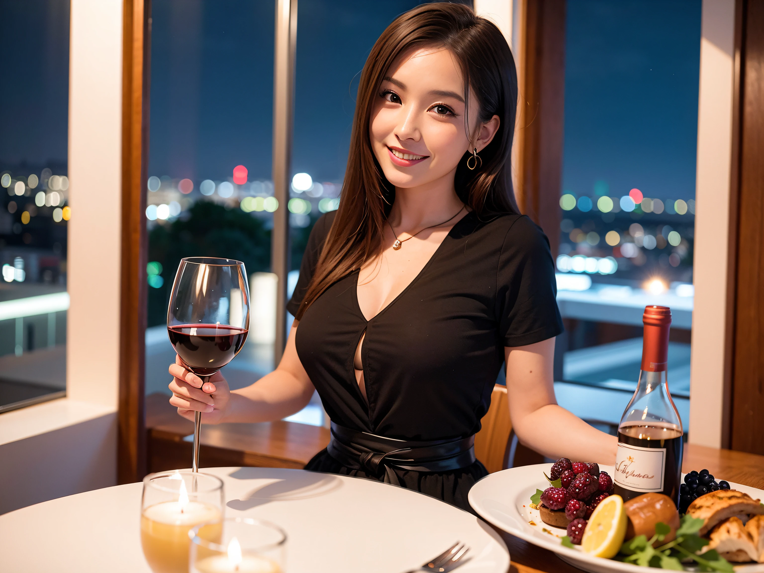 (64K, UHD, top quality, masterpiece: 1.2), (realistic, photorealistic: 1.37), super detailed, pretty woman 1, (slim face), (slim body), (brown hair), (short cut), cheeks slightly blushing, (40 years old), 38 years old, solo, beautiful detailed urban night view outside the window, restaurant, wine glass sitting, at night, in a prominent place (from the waist up) NovaFrogStyle, Actress, Model, Waist Up, White Wine, Slim, Wine Glass, Super Clean Night View, Wine Glass Put in the Middle, Happy Smile, (Smile: 1.15), Beautiful Fine Eyes, Upper Body, Bust Japan Up, Night, Short, Short, Actress, Model, Waist Up, White Wine, Slim, Wine Glass, Super Clean Night View, Wine Glass Put in the Middle, Happy Smile,