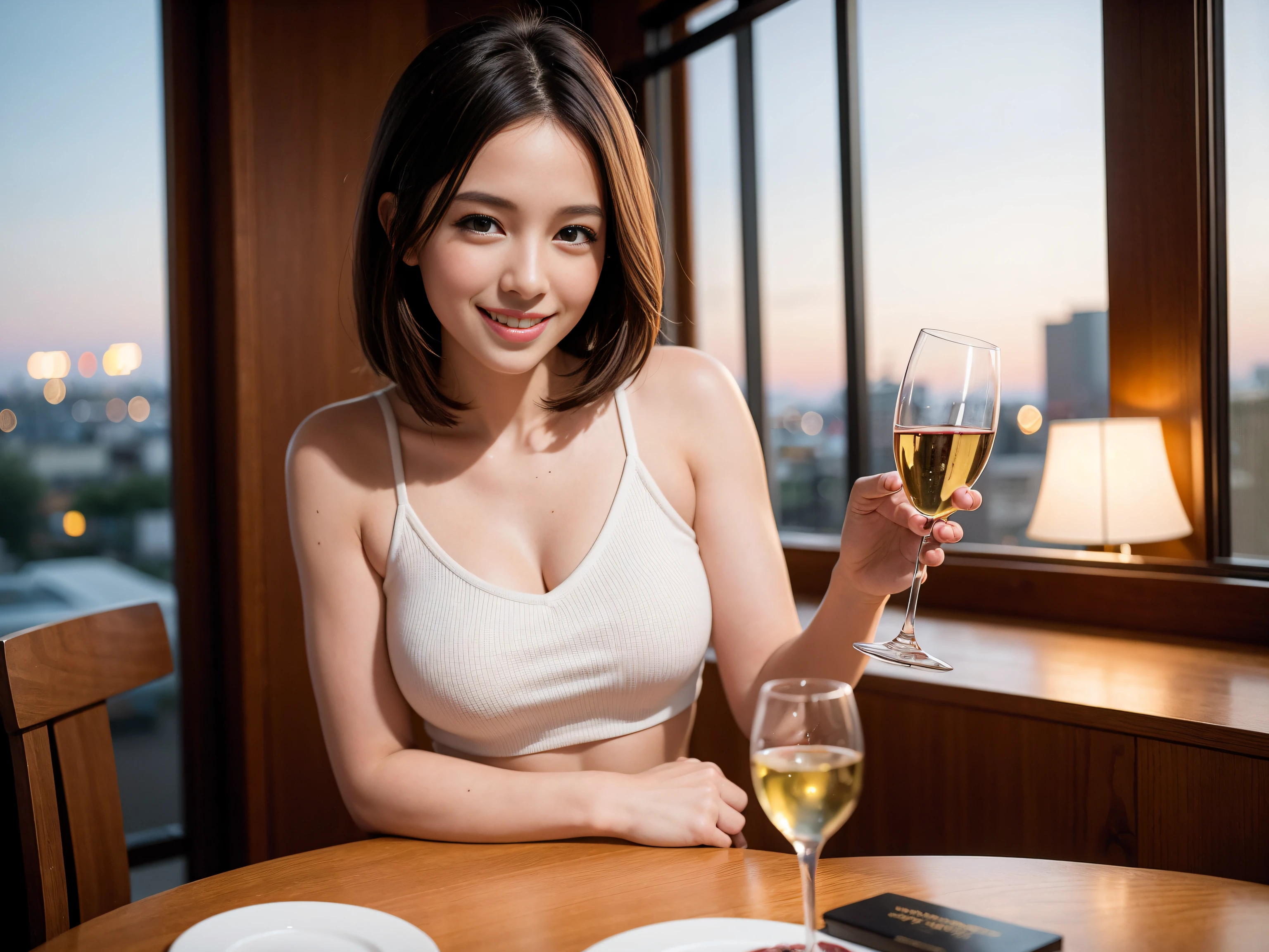 (64K, UHD, top quality, masterpiece: 1.2), (realistic, photorealistic: 1.37), super detailed, pretty woman 1, (slim face), (slim body), (brown hair), (short cut), cheeks slightly blushing, (40 years old), 38 years old, solo, beautiful detailed urban night view outside the window, restaurant, wine glass sitting, at night, in a prominent place (from the waist up) NovaFrogStyle, Actress, Model, Waist Up, White Wine, Slim, Wine Glass, Super Clean Night View, Wine Glass Put in the Middle, Happy Smile, (Smile: 1.15), Beautiful Fine Eyes, Upper Body, Bust Japan Up, Night, Short, Short, Actress, Model, Waist Up, White Wine, Slim, Wine Glass, Super Clean Night View, Wine Glass Put in the Middle, Happy Smile,