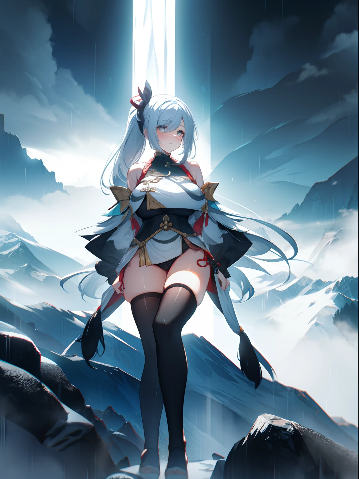 heavy rain，grabbing breast,Nice high ponytail hairstyle，long whitr hair，magpie，tall mountain peaks，Auspicious clouds，Bare shoulders, white thighhighs, Hair ribbon, Large breasts,black long socks，Alpine streams are long