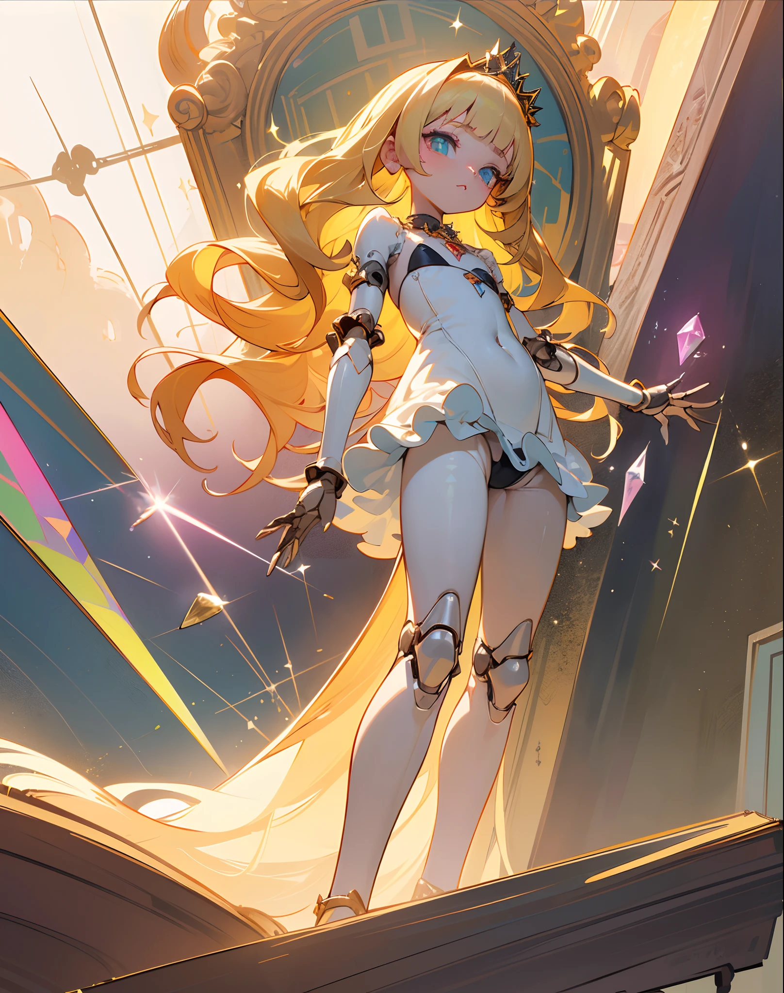 (masterpiece, top quality, best quality, official art, beautiful and aesthetic:1.2), 8K Wallpaper, bloom effect, (1girl:1.4), extreme detailed, colorful, highest detailed ((ultra-detailed)), (highly detailed CG illustration), ((an extremely delicate and beautiful)), bloom effect, light rays, strong light coming in, Deep Shadows, cinematic light, European fantasy world, ((inside ancient castle back ground)), ((from below:1.5)), ((1mechanical girl:1.2)), (:1.5), child, ((Perfect hands, Detailed fingers, Detailed eyes, Perfect legs, Detailed legs)), solo, full body, ((machine made joints:1.3)), Doll joints, ((All mechanical limbs:1.3)), Doll limbs, Doll Body, ((mechanical attachment to neck:1.2)), (standing:1.3), expressionless, (character focus), Perfect Anatomy, (navel, breasts, revealing clothes, bare waist, fusion Micro Bikini bottom and fishnet_pantyhose, Clawless Strings, Black Micro Bikini:1.3), (Flat chest:1.5), ((White Frilled dress:1.2, diadems, tiara:1.3)), length hair, (Blunt bangs), ((Blond hair, Wavy gradation hair hair:1.3)), (very long hair), White skin, ((Heterochromia, Blue eyes, Green eyes)), Huge multi-layered pupils with color gradients, ((Glitter pupils)), ((Crystal pupil:1.2)), (Gradient color eyes), Eyelashes, throne,