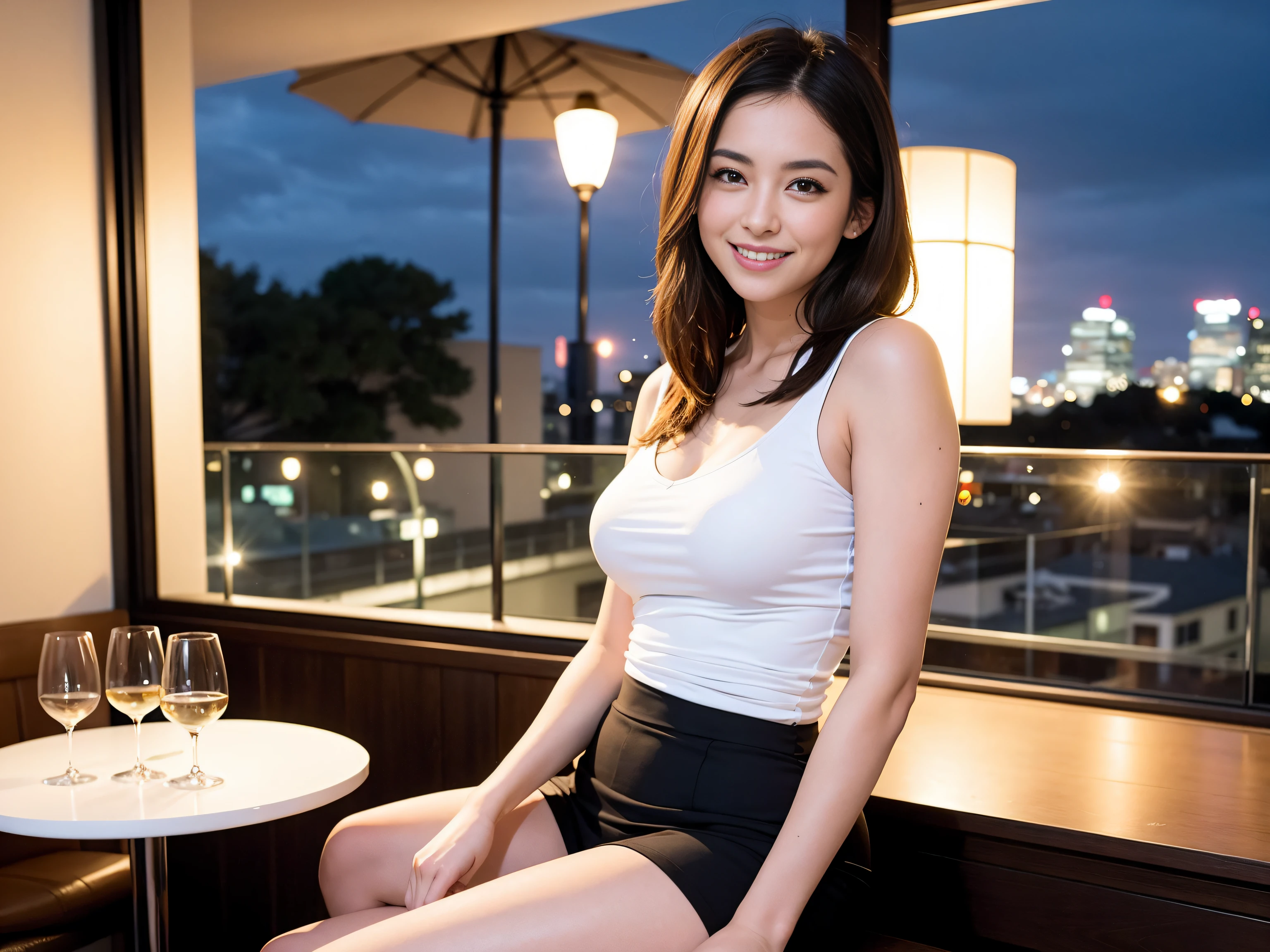 (64K, UHD, top quality, masterpiece: 1.2), (realistic, photorealistic: 1.37), super detailed, pretty woman 1 person, (slim face), (slim body), (brown hair), (short cut), cheeks slightly blushing, (35 years old), 38 years old, solo, beautiful detailed urban night view outside the window, restaurant, wine glasses sit, at night, in a prominent place (from the waist up) NovaFrogStyle, Actress, Model, Waist Up, White Wine, Slim, Wine Glass, Super Clean Night View, Wine Glass Put in the Middle, Happy Smile, (Smile: 1.15), Beautiful Fine Eyes, Upper Body, Bust Japan Up, Night, Short, Short, Actress, Model, Waist Up, White Wine, Slim, Wine Glass, Super Clean Night View, Wine Glass Put in the Middle, Happy Smile,