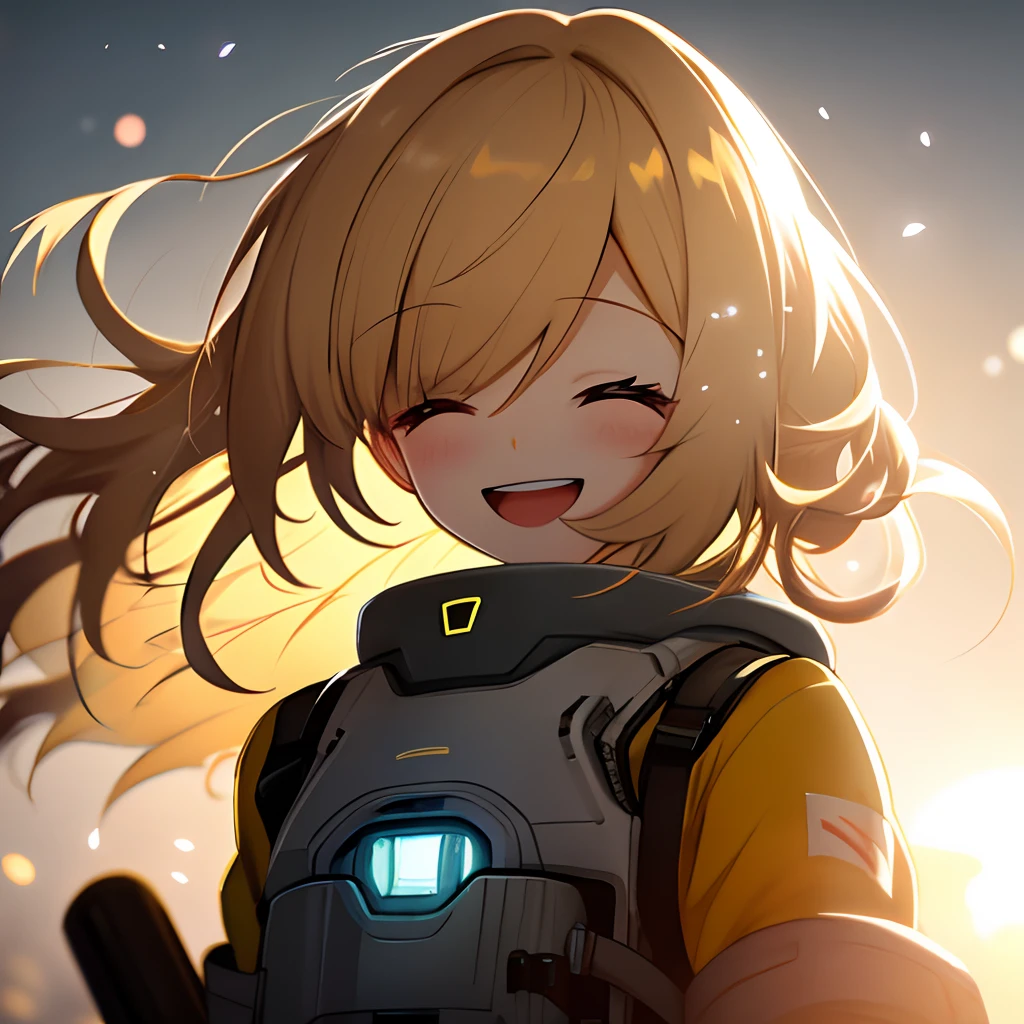 A girl, Wearing a comfortable upper body brace,, (Laughs: 1.1), (open mouth: 1.1), (open eyes: 1.2), bright light, Background bokeh, Depth of field, blurred background, light particles, strong wind, (Cardiac particles: 1.1)