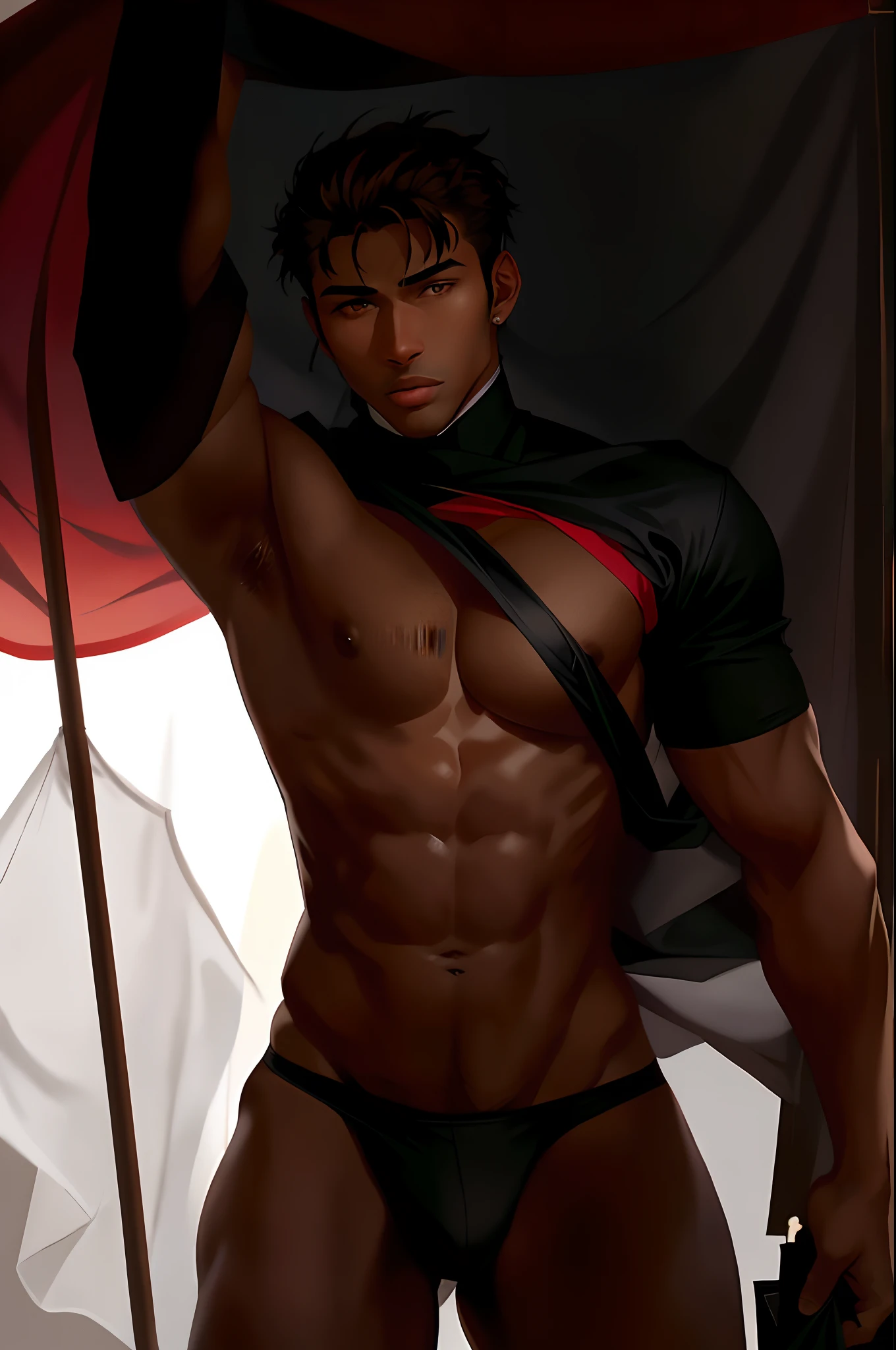 Handsome black man carrying a red flag with a white star in the middle