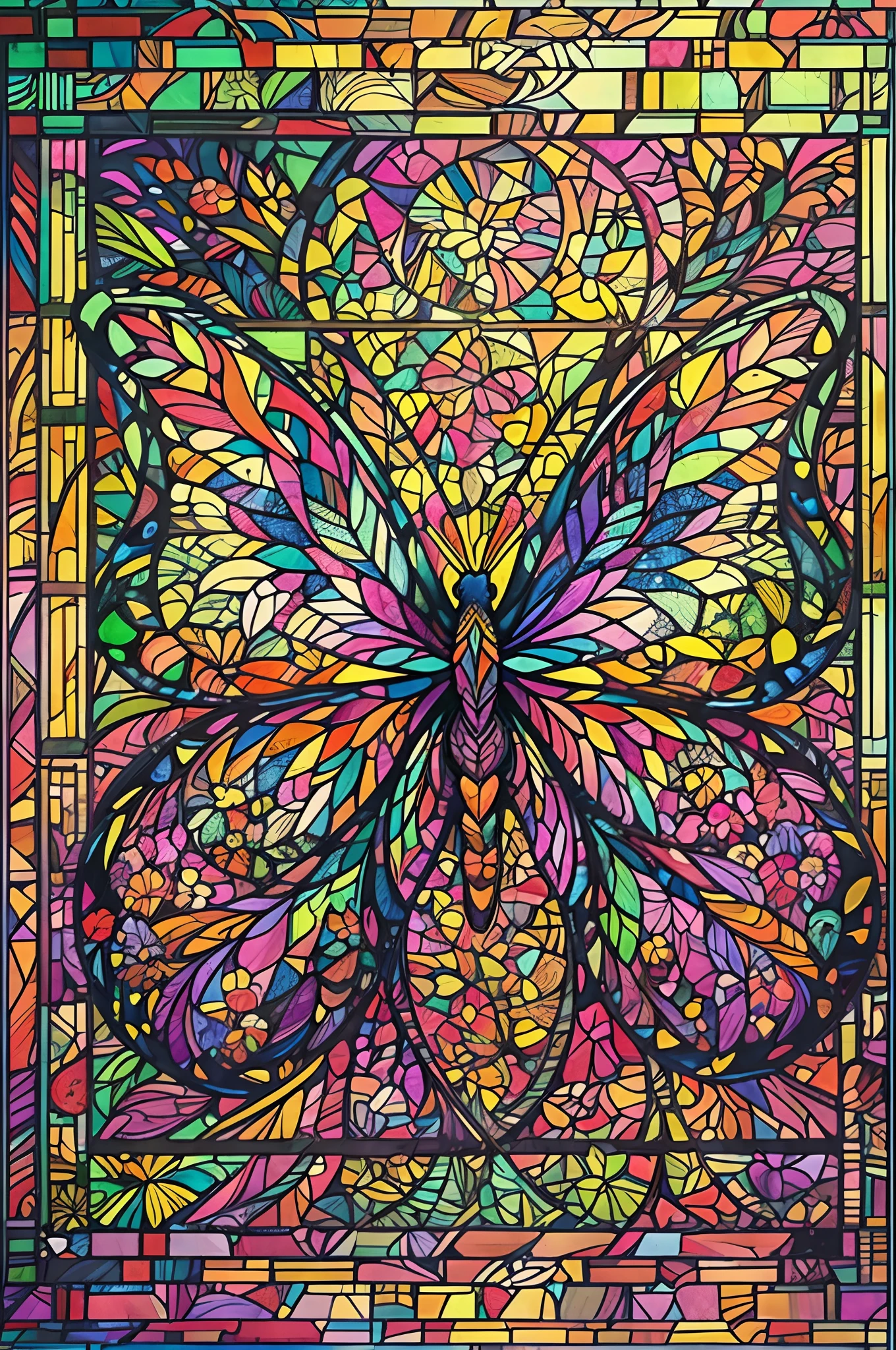 stained glass art of butterfly, mosaic-stained glass art, stained-glass illustration, concept art, (best quality, masterpiece, ultra-detailed, centered, extremely fine and aesthetically beautiful, super fine illustration), centered, epic composition, epic proportions, intricate, fractal art, zentangle, hyper maximalism,