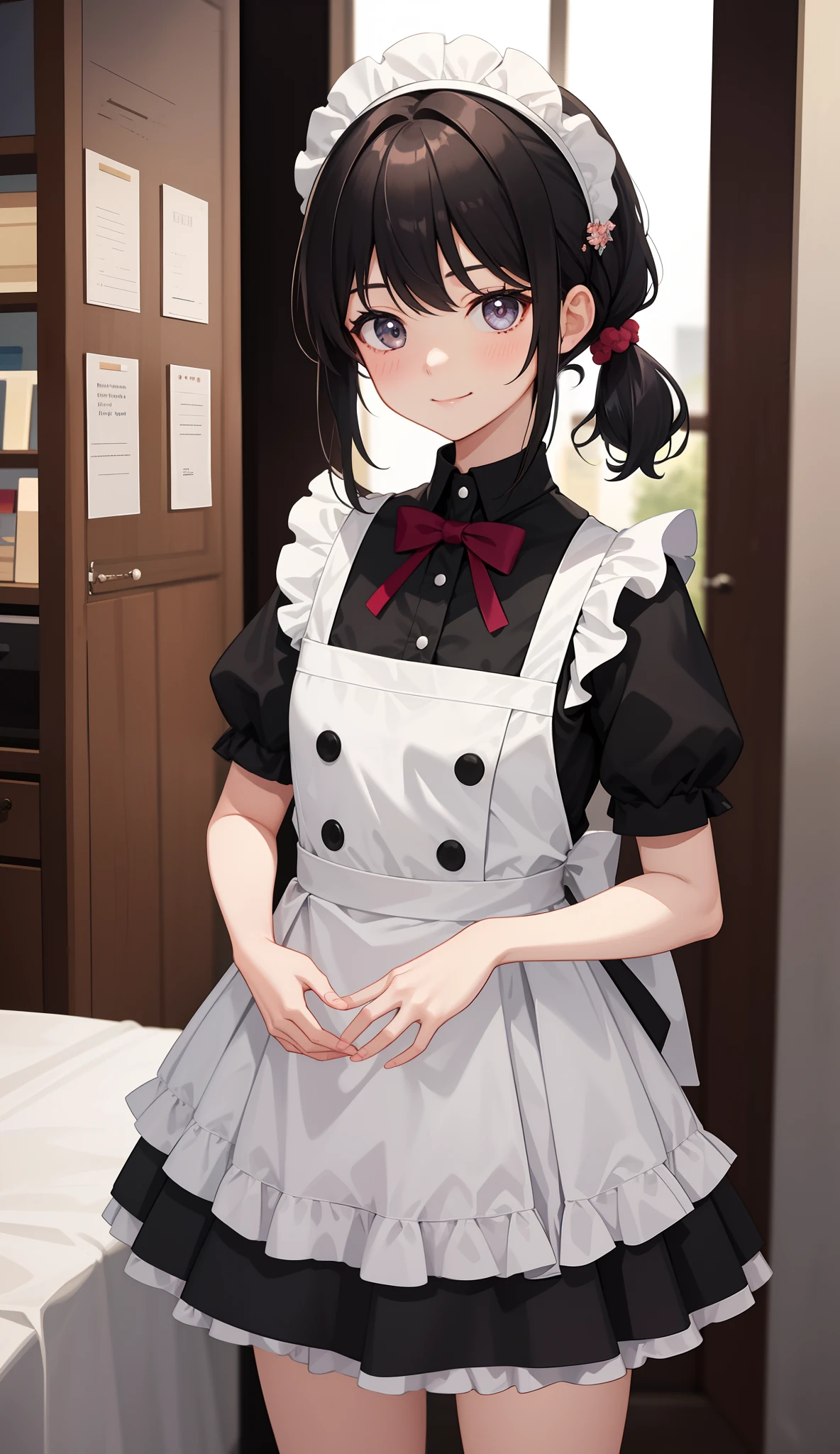 1girl in、AS-Adult、A smile、The shirt、skirt by the、(small tits)、doress、pinafore、Hair decoration、(Maid costume)、、Upper body portrait、movement、