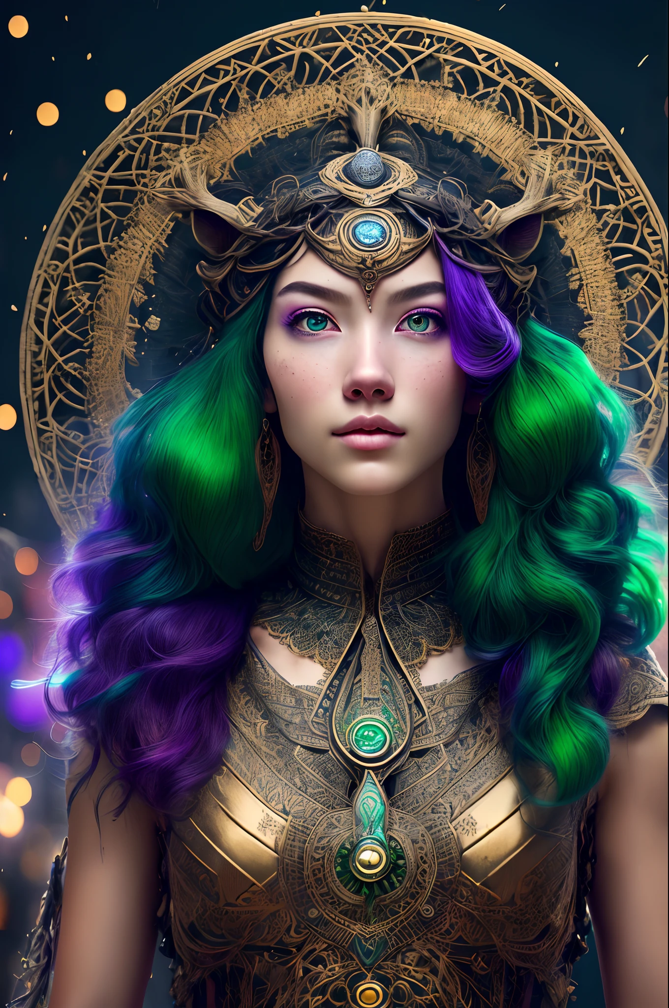 (masterpiece, best quality, ultra-detailed, highres, best illustration),1boy, solo,(male focus:0.8), transgender male, flat chest, red hair, green hair, heterochromia, purple eyes, two tone hair, ,side lighting, lustrous skin,(shine), (shiny skin, cetlic elements, norse heritage), ray tracing, shirt, wind swept hair, detailed hair, detailed face, ,depth_of_field,very detailed background,extreme light and shadow,(detailed eyes) , perfect anatomy, (zentangle, mandala, tangle, entangle), dynamic angle, wide shot, upper body, city scape, extreme light and shadow, night sky