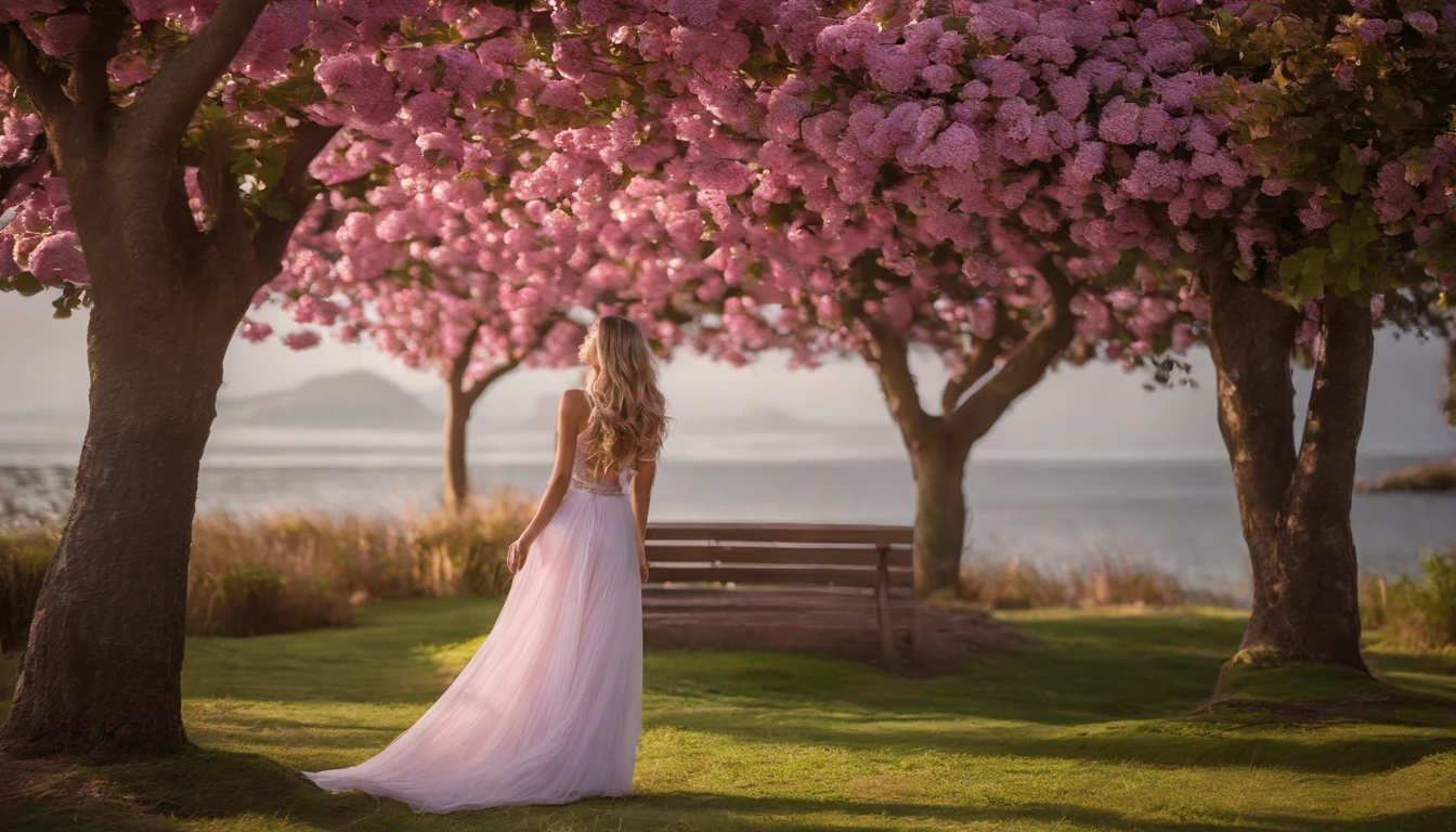 fondo detallado, excelente, 1girl, Pelo largo Pelo morado claro, cabello rizado, Pescador, Cilios, sentado, vestido blanco, Cinta rosa alrededor de la cintura, Apartamentos Pink, muslos blancos, Hermoso fondo de pantalla 8k, Al aire libre, naturaleza, tree, arbusto, flor, Rustic, extremadamente detallado, intrincado