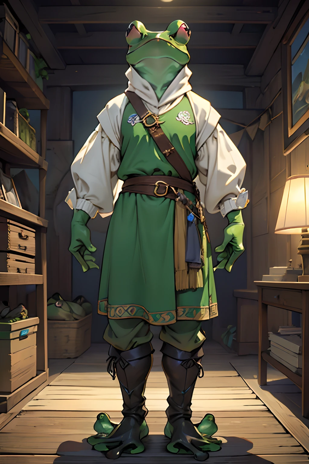 beste-Qualit, tmasterpiece, extra high resolution, Detailed, realisti, 独奏, In the background is a medieval fantasy city, (Frog Arms:1.5), stands, (Humanoid frog:1.4), Furry Frog, Frog erectus, Grung, fantasy, Small size, green skin, in full height, Resident's clothes, fantasy, Clothes of a medieval city dweller, (Fantasy Villager Clothing:1.2), D&D, Horror \(subject\), Dark Fantasy, Depth of field, non-human,(Ultra-detailed:1.3), Finely detailed, Ultra-detailed, (dynamicpose:1.0),(centered, scale to fit the dimensions, the rule of thirds), hight resolution, sharp-focus,(Ultra Detailed, Extremely detailed),(Photorealistic works of art:1.37),(чрезвычайно детализированные CG Unity 8k ),(((bright colours, A striking theme))),(Intricate),(Masterpiece),(Best Quality).