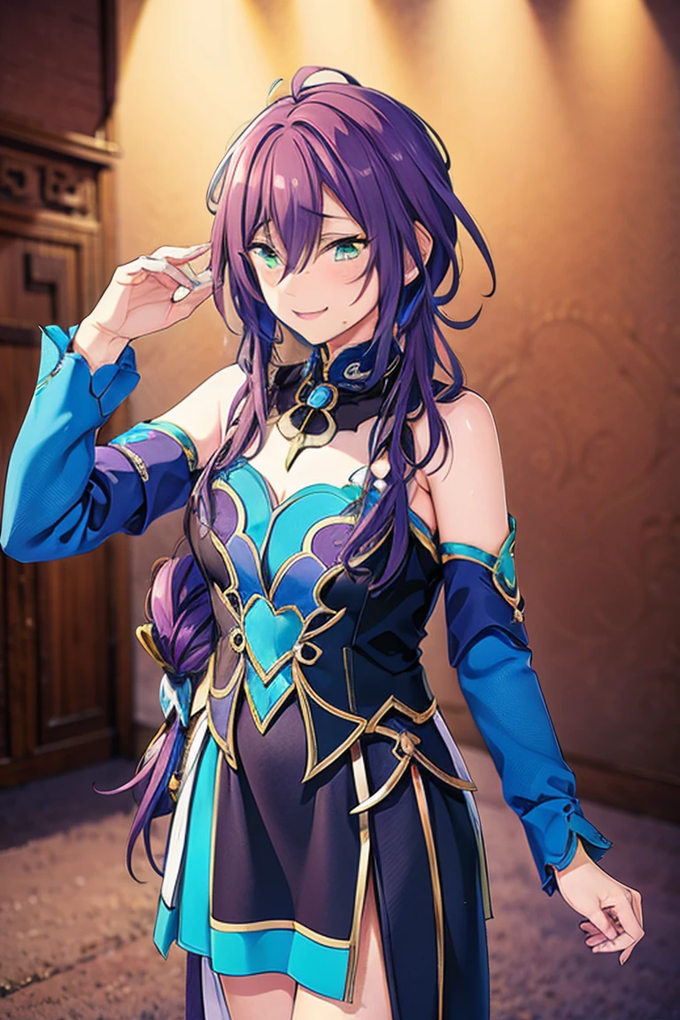 long hair, mole under mouth, purple hair, twintails, hair between eyes, ahoge, aqua eyes, cowboy shot, blush, shy, embarrassed, anime_style, best quality, masterpiece, 1girl, solo, looking at viewer, smile, standing, qingque cosplay costume, cosplay, short dress, detached sleeves, hair ornament, hairclip, wide sleeves, ankle boots