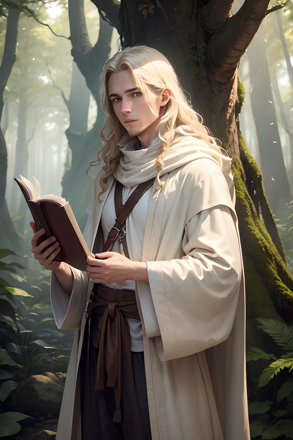 Young, adventurer man who wears a baggy, white, cloth robe and leather traveling gear. He has long, wavy blond hair and brown eyes. He is in a forest. He is holding a book.