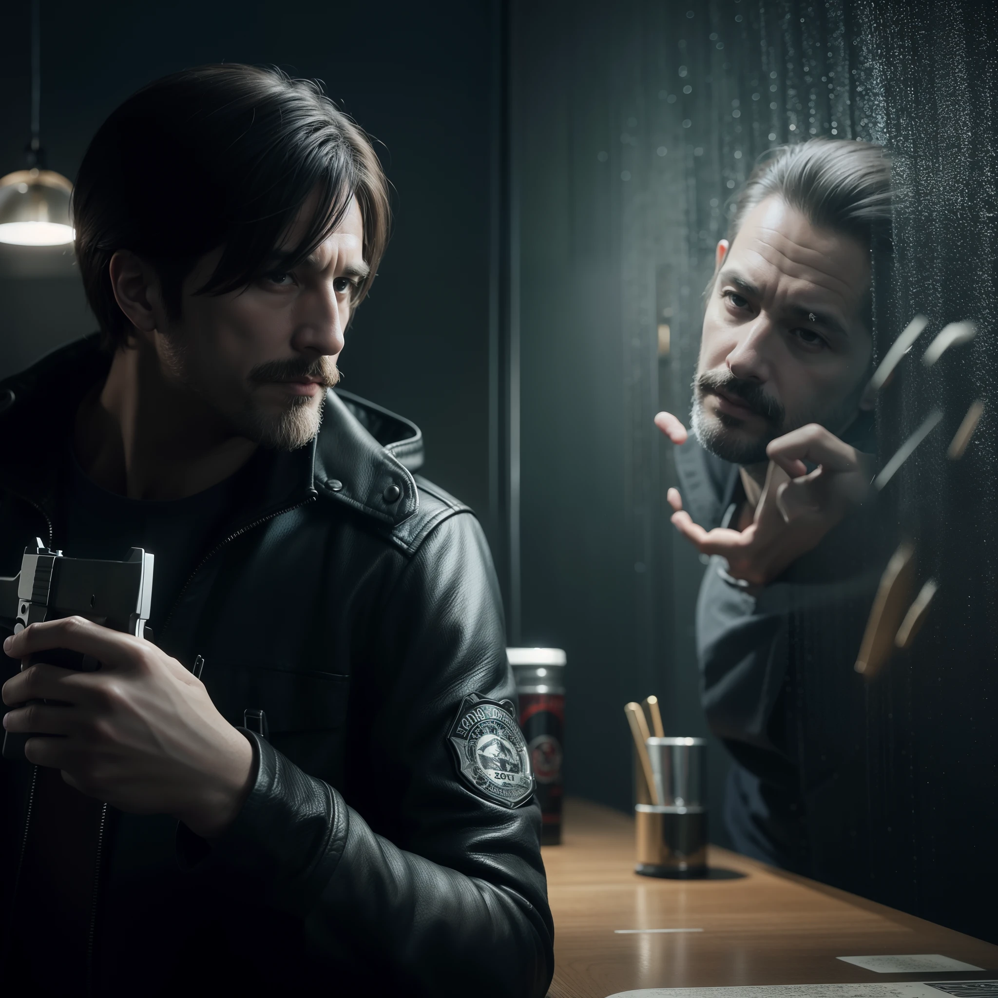 HD, Leon Scott Kennedy, man 40 years old, bob hair, black coat, glare, holding a gun, thin beard, thin moustache