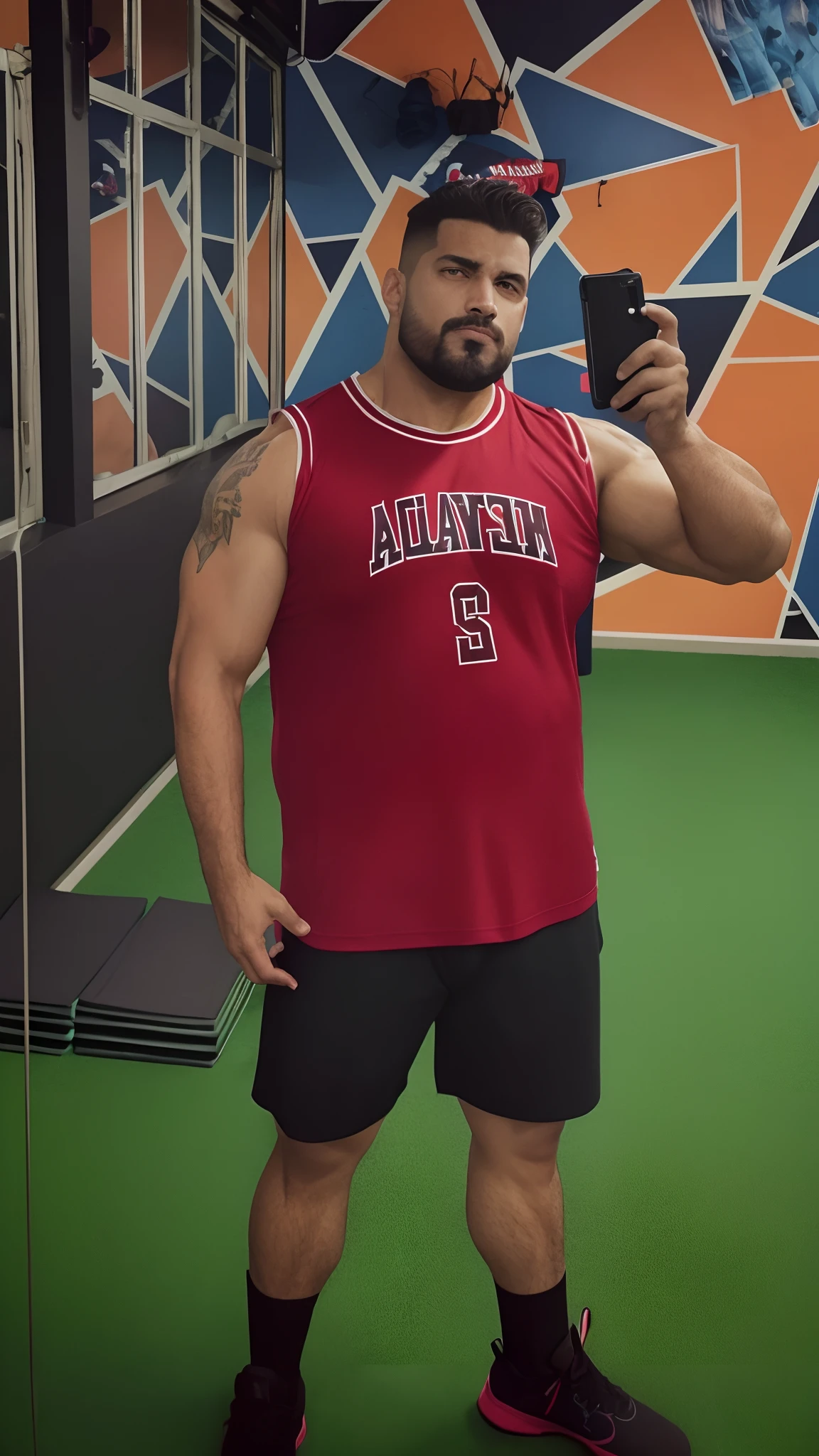 there is a man that is taking a picture of himself in the mirror, musculoso, heavy appearance, Homem de 30 anos :: atletic, papai que, em uma academia, andrew gonzalez, large muscles, vestindo camisa de basquete, adam varga, corpo robusto e encorpado, tanque vermelho, vestindo uma camiseta muscular, levemente musculoso, fat ripped satan