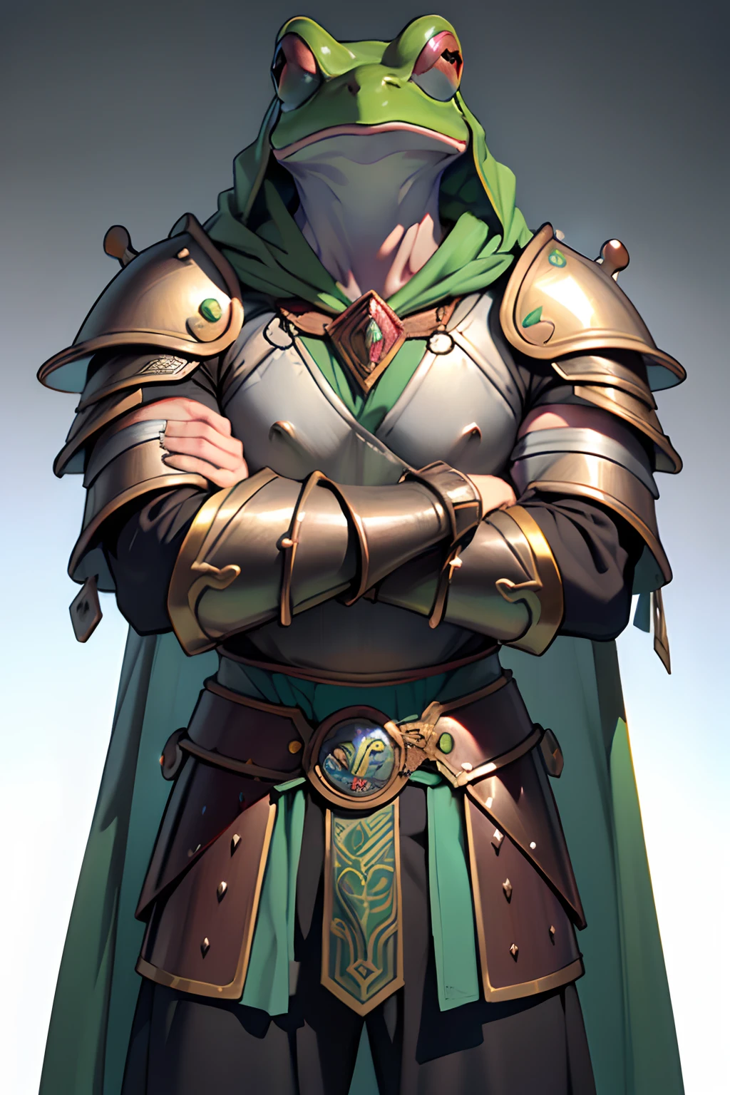 beste-Qualit, tmasterpiece, extra high resolution, Detailed, realisti, 独奏, In the background is a medieval fantasy city, (Frog Arms:1.5), stands, (Humanoid frog:1.4), Furry Frog, Frog erectus, Grung, fantasy, Small size, green skin, in full height, Resident's clothes, fantasy, Clothes of a medieval city dweller, (Fantasy Gladiator Armor:1.3), D&D, Horror \(subject\), Dark Fantasy, Depth of field, non-human,(Ultra-detailed:1.3), Finely detailed, Ultra-detailed, (dynamicpose:1.0),(centered, scale to fit the dimensions, the rule of thirds), hight resolution, sharp-focus,(Ultra Detailed, Extremely detailed),(Photorealistic works of art:1.37),(чрезвычайно детализированные CG Unity 8k ),(((bright colours, A striking theme))),(Intricate),(Masterpiece),(Best Quality).
