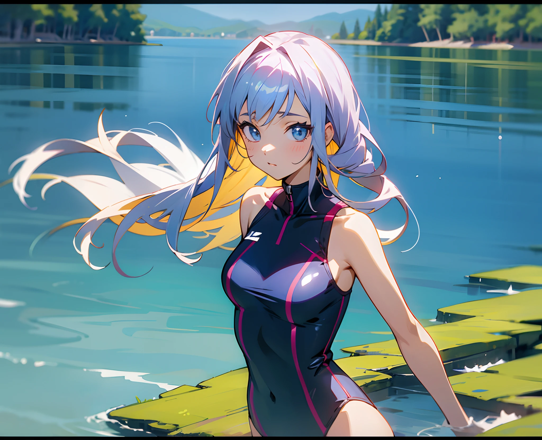 Anime style, 1 girl, Background Lake, lake, letho, bathing suit, upper-body, looks at the viewer