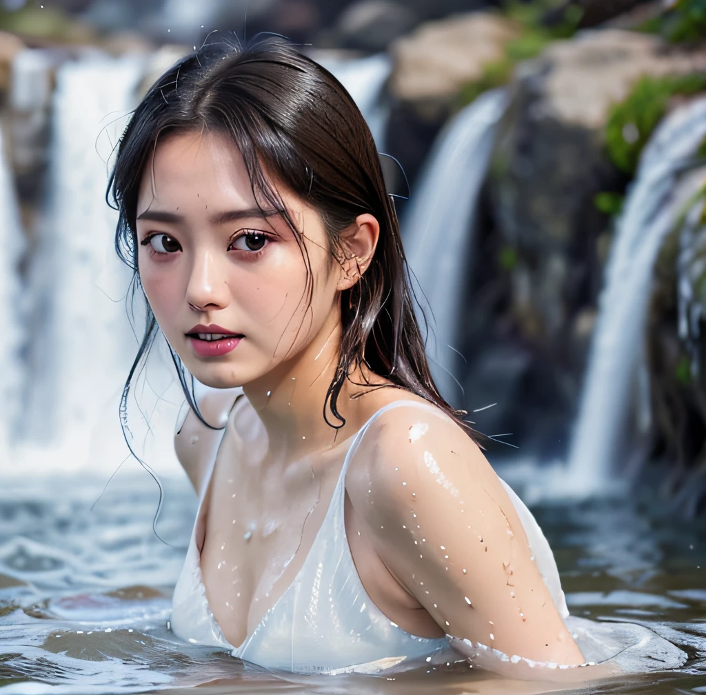 Symmetrical, High Detail RAW Color Photo Professional Close-Up Photo, [:( High Detail Face: 1.2): 0.1], (PureErosFace_V1: 0.6), Double tail, half body, pores, real skin, breast focus, straight up, an 18 year old woman under a waterfall, body in contact with water and ripples around, clear clean water, shining eyes, looking at the audience, wet clothes, transparent clothes, wet body, wet hair, Tyndall effect, lens flare, shadow,, bloom, natural lighting, hard focus, film grain, photographed with a Sony a9 II Mirrorless Camera, by Laurence Demaison