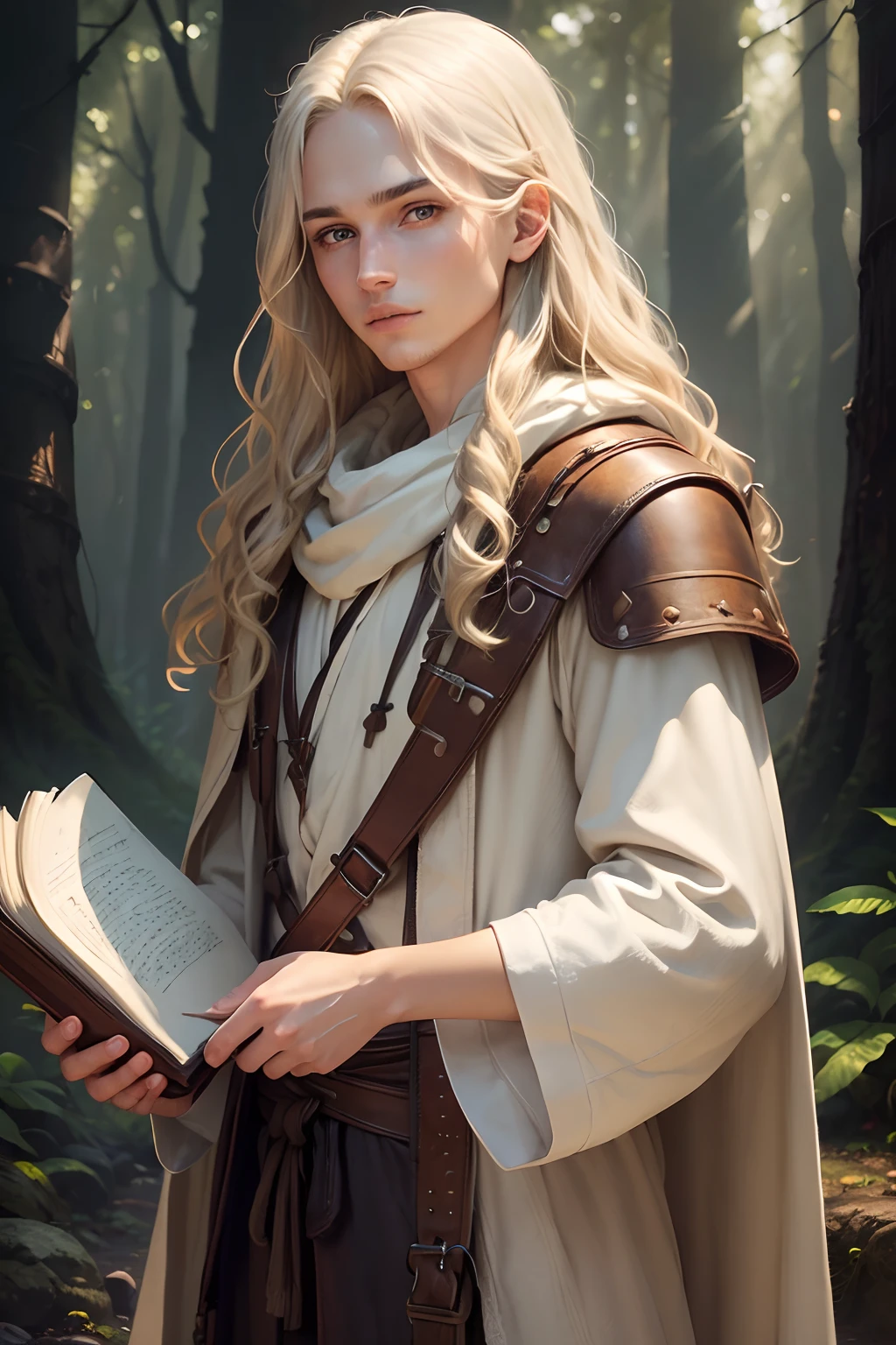 (adventurer, young, baggy white cloth robe, leather traveling gear, long wavy blond hair, brown eyes, forest, holding a book, detailed eyes, detailed lips, ultra-detailed, realistic, vibrant colors, mystical lighting)