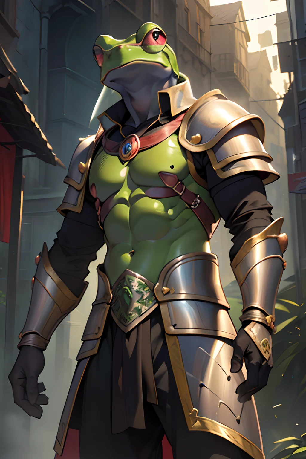 beste-Qualit, tmasterpiece, extra high resolution, Detailed, realisti, 独奏, In the background is a medieval fantasy city, (Frog Arms:1.5), stands, (Humanoid frog:1.4), Furry Frog, Frog erectus, Grung, fantasy, Small size, green skin, in full height, Resident's clothes, fantasy, Clothes of a medieval city dweller, (Fantasy Gladiator Armor:1.3), D&D, Horror \(subject\), Dark Fantasy, Depth of field, non-human,(Ultra-detailed:1.3), Finely detailed, Ultra-detailed, (dynamicpose:1.0),(centered, scale to fit the dimensions, the rule of thirds), hight resolution, sharp-focus,(Ultra Detailed, Extremely detailed),(Photorealistic works of art:1.37),(чрезвычайно детализированные CG Unity 8k ),(((bright colours, A striking theme))),(Intricate),(Masterpiece),(Best Quality).