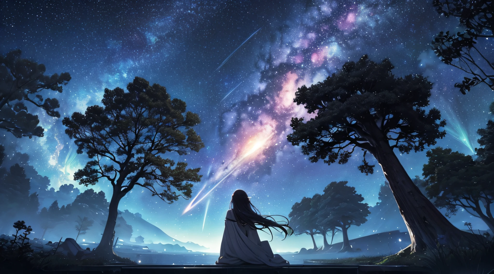 ​masterpiece、Background with((Fantastic starry sky、meteors、black hole))、Depth((Giant Tree、Fantastic、Luminescent、城市))、a beauty girl、onepiece、Rear view