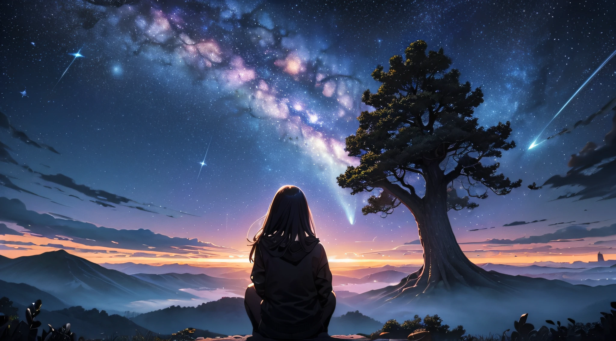 masterpiece、Background with((Fantastic starry sky、meteors、black hole))、Depth((Giant Tree、Fantastic、Luminescent、城市))、a beauty girl、onepiece、Rear view