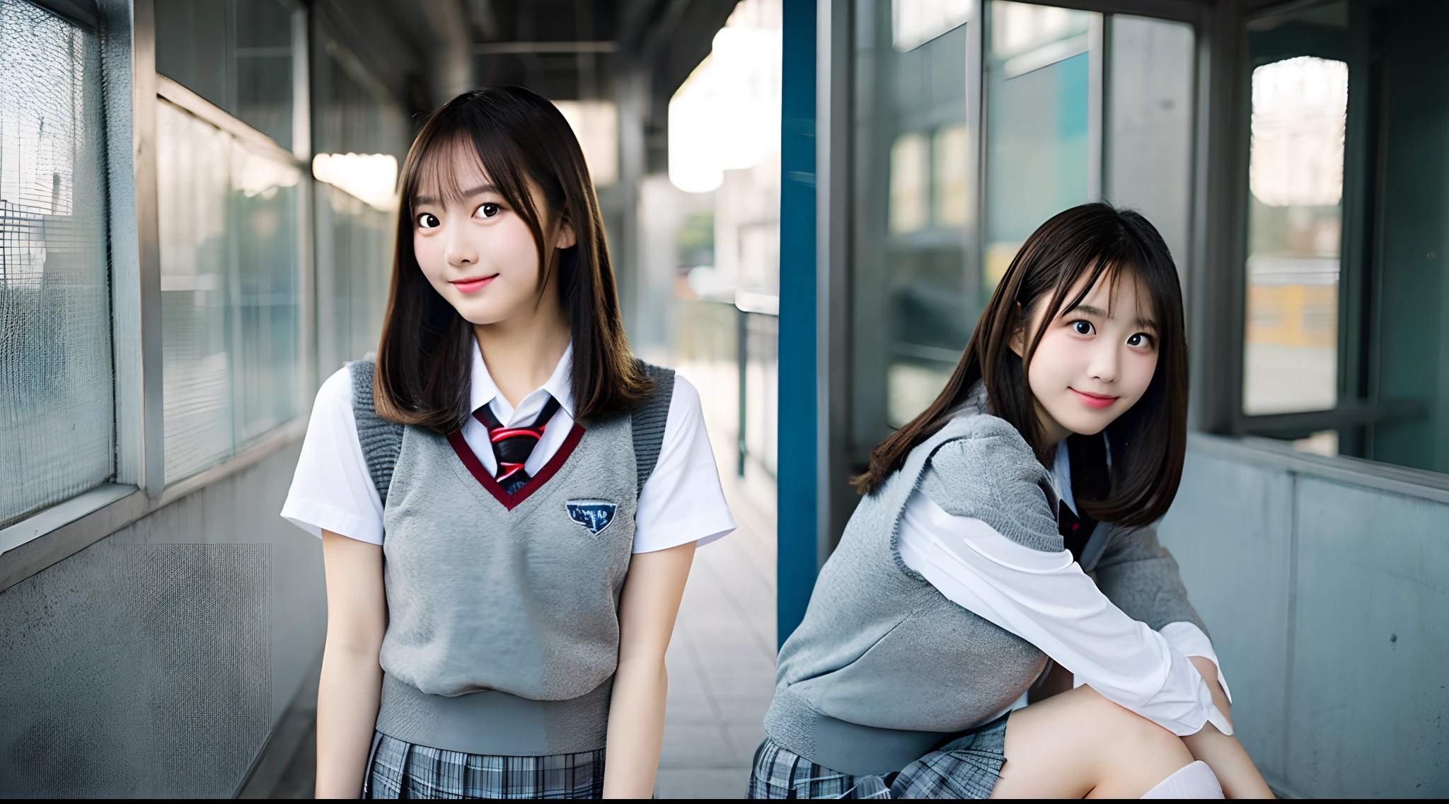 18-year-old high school girl in gray miniskirt uniform