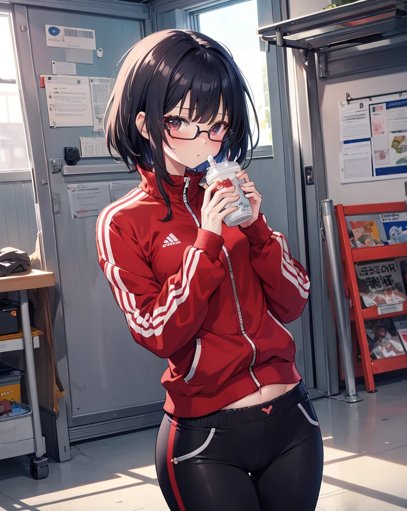 Outstanding quality,illustration,8K,High definition,(((Anime girl))),((masutepiece)),Best quality, Extremely detailed CG unity 8k,(( 1 girl in)), (Beautiful detailed),illustration, Beautiful fece, complex pattern,Character focus,track suit,Sports warehouse,with short black hair,wears glasses,The girl sits on a mat,The girl drinks milk,The girl looked nervous,Be red in the face,The girl covered her stomach with her hands,The girl's abdomen is swollen,Full buttocks,skinny pants
