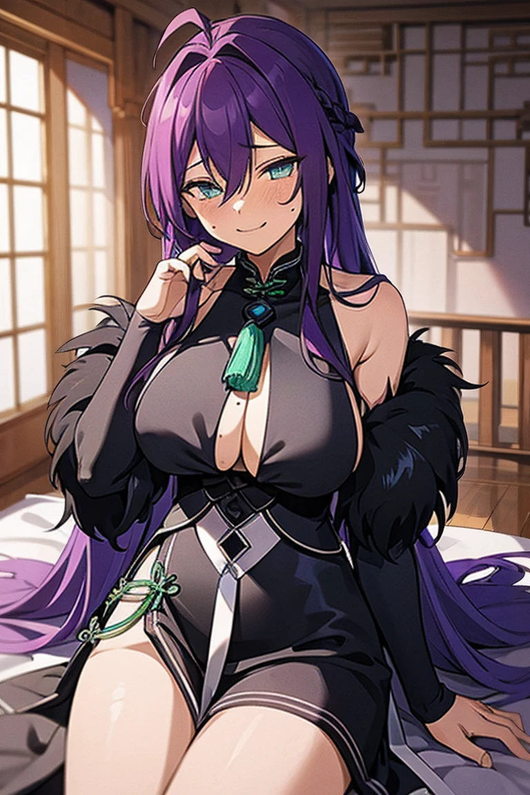 long hair, mole under mouth, purple hair, single braid, hair between eyes, aqua eyes, sharp teeth, ahoge, blush, smile, cowboy shot, 1girl,solo,sitting,china dress, tassel, black fur, fur trim, indoors, bedroom,huge breasts