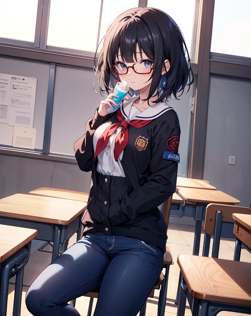 Outstanding quality,illustration,8K,High definition,(((Anime girl))),((masutepiece)),Best quality, Extremely detailed CG unity 8k,(( 1 girl in)), (Beautiful detailed),illustration, Beautiful fece, complex pattern,Character focus,Modern School Uniforms,Classroom,,with short black hair,No bangs,wears glasses,The girl sits in a chair,The girl drinks milk,The girl looked nervous,Be red in the face,The girl covered her stomach with her hands,The girl's abdomen is swollen,Full buttocks,skinny pants