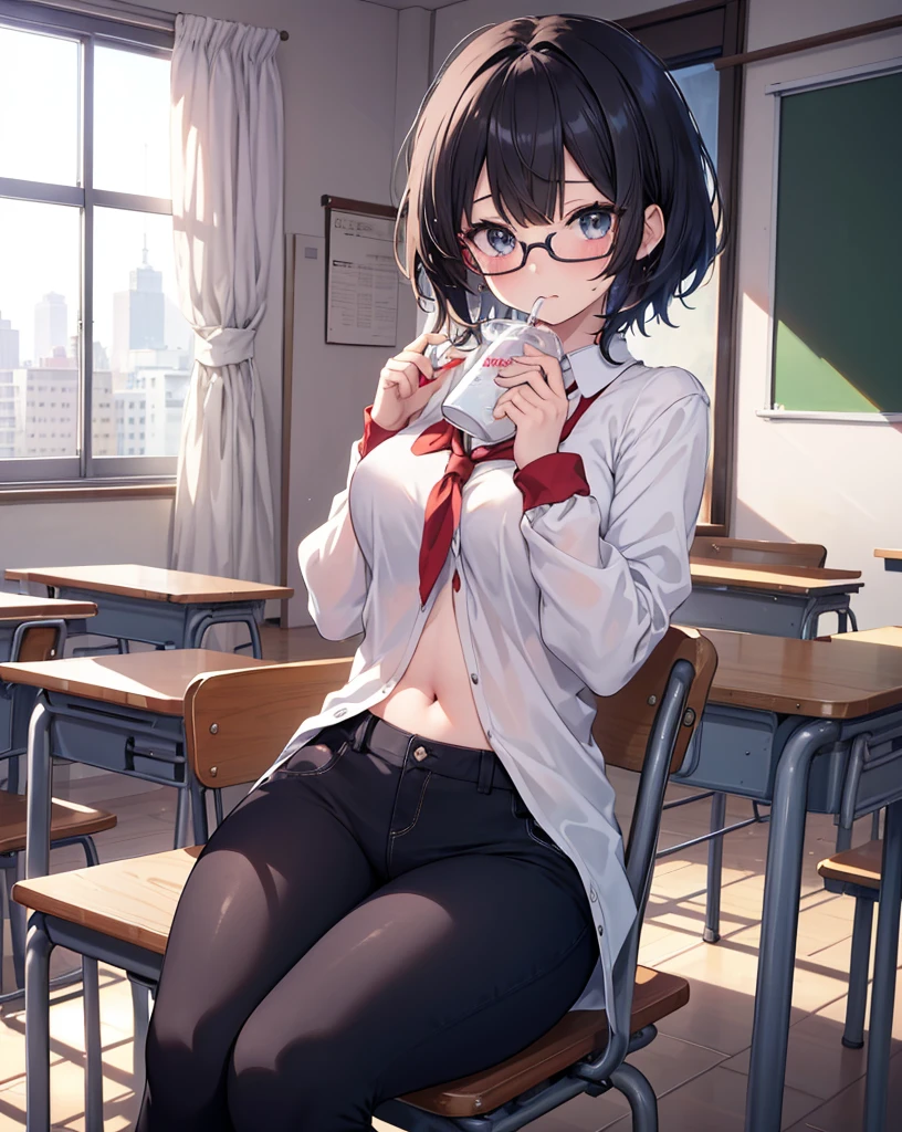 Outstanding quality,illustration,8K,High definition,(((Anime girl))),((masutepiece)),Best quality, Extremely detailed CG unity 8k,(( 1 girl in)), (Beautiful detailed),illustration, Beautiful fece, complex pattern,Character focus,Modern School Uniforms,Classroom,,with short black hair,No bangs,wears glasses,The girl sits in a chair,The girl drinks milk,The girl looked nervous,Be red in the face,The girl covered her stomach with her hands,The girl's abdomen is swollen,Full buttocks,skinny pants