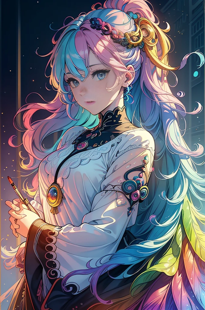 [Detailed illustrations,Art based on extremely ideal anatomy,Very detailed and detailed drawing,Delicate lines with slow and rapid,Realistic texture expression],((Color tressed main line)),(Artwork of exceptional craftsmanship),(​masterpiece、top-quality、top-quality、watercolor paiting(Curly)、Official Art、Beautifully Aesthetic:1.2)、(1girl in:1.3)、(Fractal art:1.3)、The upper part of the body、look up to、patterns、(rainbow-colored hair、colourful hair、Half blue and half pink hair:1.2)、Eau、liquids、云、colourfull、kosmos,((More about beautiful hair)),((Perfectly proportioned)),(Design built to the highest level,((Advanced structural understanding of materials)),Ideal color coordination),((artistic décor)) ((High-density detail)),((detaileds,high-detail)),[(Ultra-precision detail),((multi-layer texture)),HighQuality,hight resolution],((Accurate simulation of light-material interactions,Understanding Airflow,Mechanically correct representation)),((Visual art that conveys a sense of narrative)).