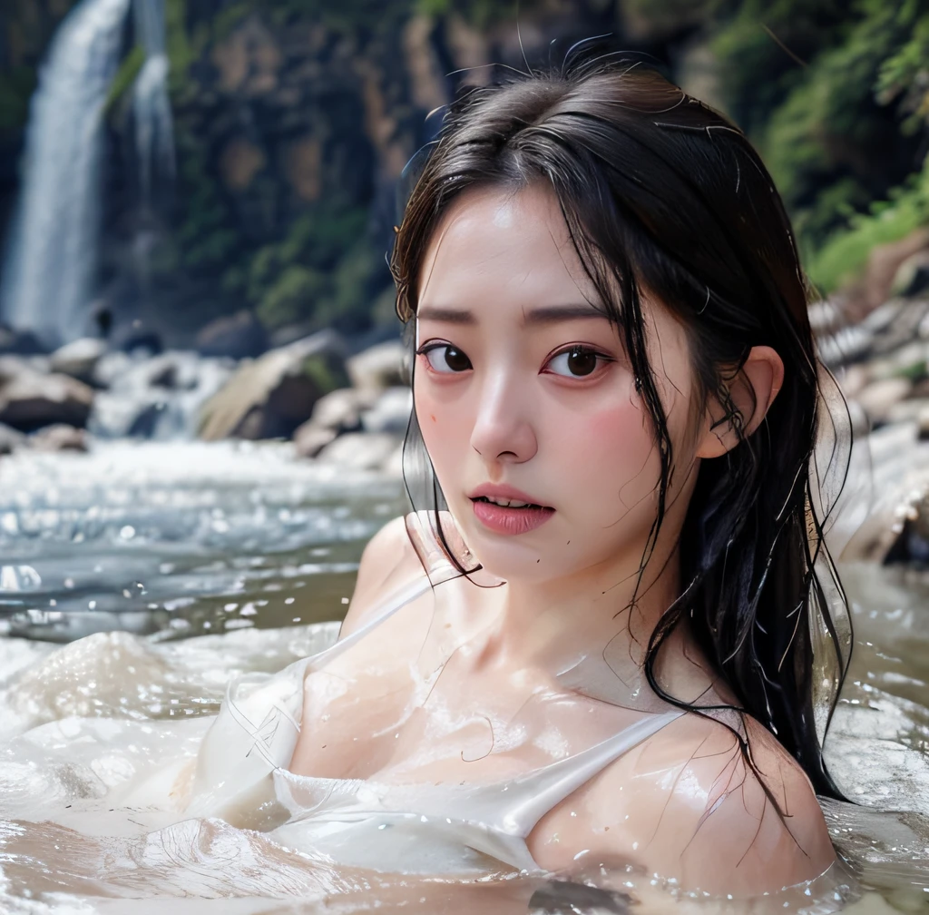 Symmetrical, High Detail RAW Color Photo Professional Close-Up Photo, [:( High Detail Face: 1.2): 0.1], (PureErosFace_V1: 0.3), Double tail, half body, pores, real skin, breast focus, straight up, an 18 year old woman under a waterfall, body in contact with water and ripples around, clear clean water, shining eyes, looking at the audience, wet clothes, transparent clothes, wet body, wet hair, Tyndall effect, lens flare, shadow,, bloom, natural lighting, hard focus, film grain, photographed with a Sony a9 II Mirrorless Camera, by Laurence Demaison