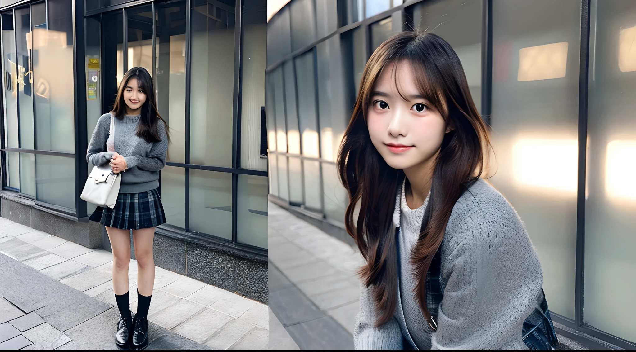 18-year-old high school girl in gray miniskirt