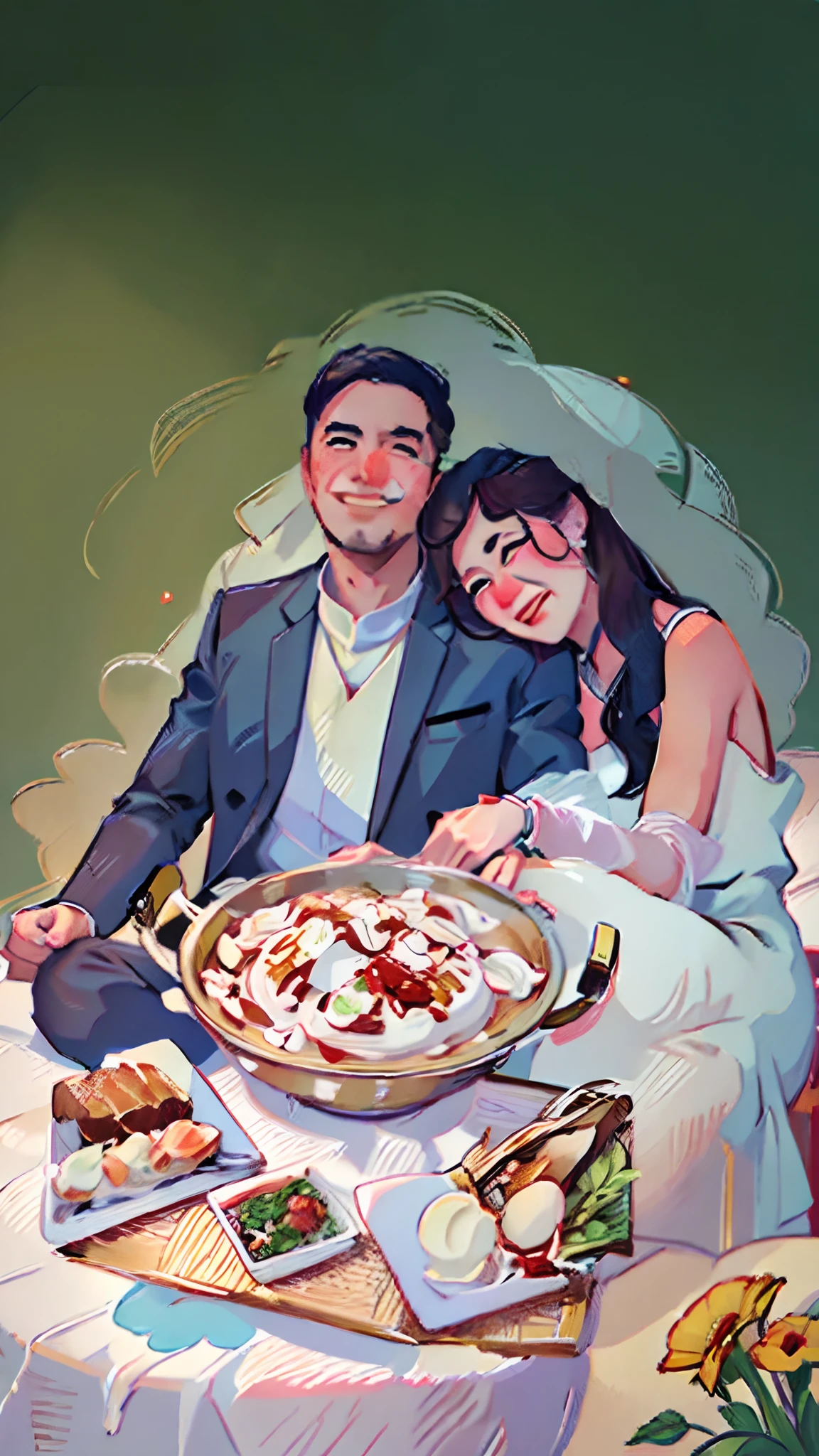 A bride and groom sitting at a table, both dressed in their respective wedding attire. The bride is wearing a beautiful white dress, while the groom is dressed in a handsome navy suit. The illustration is done in lineart style, with intricate and detailed linework. The texture of the artwork is evident, giving the piece a traditional and hand-drawn feel. The focus of the image is on the bride and groom, capturing their joyful and happy expressions. The background consists of a table decorated with flowers and candles, creating a romantic and intimate atmosphere. The colors used are vibrant and vivid, with a slight emphasis on warm tones to enhance the emotional impact of the scene. The lighting is soft and diffused, adding to the overall dreamy and ethereal quality of the artwork. The image is of the highest quality, with ultra-fine detailing and a photorealistic rendering style. The plate of food on the table is carefully depicted, showcasing a delicious and visually appealing meal.