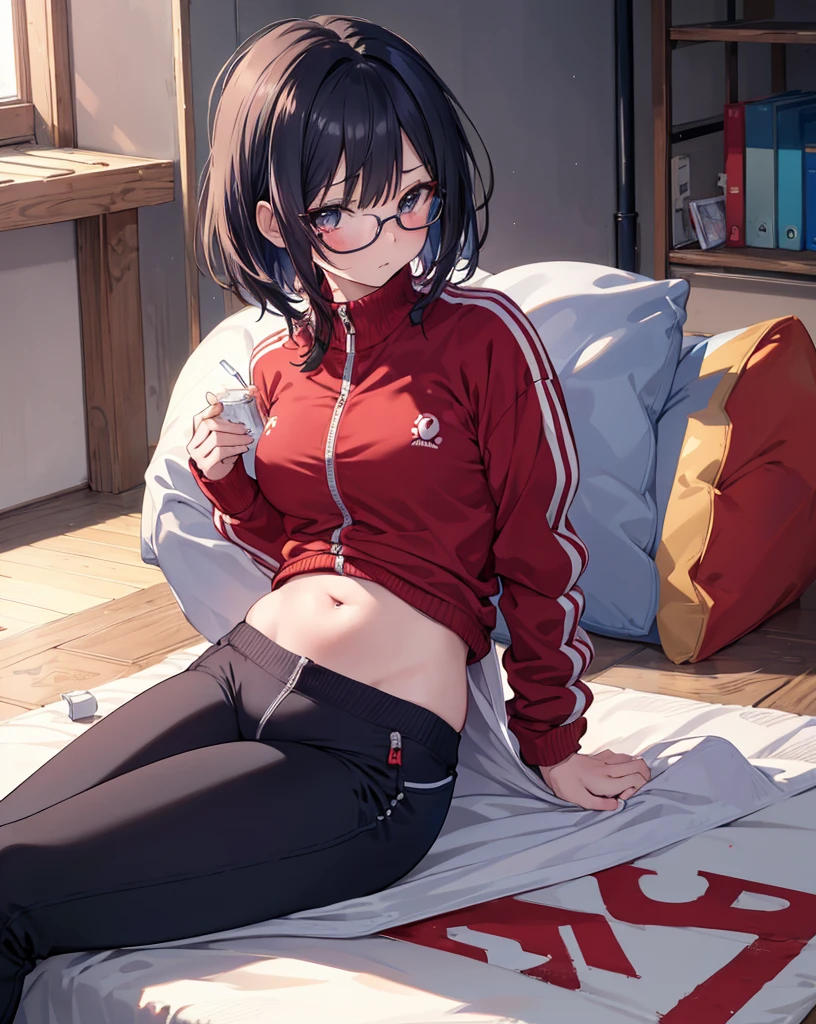 Outstanding quality,illustration,8K,High definition,(((Anime girl))),((masutepiece)),Best quality, Extremely detailed CG unity 8k,(( 1 girl in)), (Beautiful detailed),illustration, Beautiful fece, complex pattern,Character focus,track suit,Sports warehouse,with short black hair,No bangs,wears glasses,The girl sat on a mat,The girl drinks milk,The girl looked nervous,Be red in the face,The girl covered her stomach with her hands,The girl's abdomen is swollen,Full buttocks,skinny pants