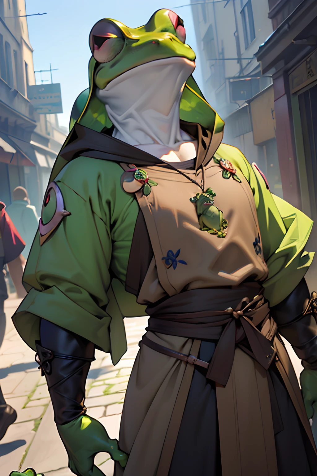 beste-Qualit, tmasterpiece, extra high resolution, Detailed, realisti, 独奏, In the background is a medieval fantasy city, (Frog Arms:1.5), stands, (Humanoid frog:1.4), Furry Frog, Frog erectus, Grung, fantasy, Small size, green skin, in full height, Resident's clothes, fantasy, Clothes of a medieval city dweller, (Fantasy Villager Clothing:1.2), D&D, Horror \(subject\), Dark Fantasy, Depth of field, non-human,(Ultra-detailed:1.3), Finely detailed, Ultra-detailed, (dynamicpose:1.0),(centered, scale to fit the dimensions, the rule of thirds), hight resolution, sharp-focus,(Ultra Detailed, Extremely detailed),(Photorealistic works of art:1.37),(чрезвычайно детализированные CG Unity 8k ),(((bright colours, A striking theme))),(Intricate),(Masterpiece),(Best Quality).