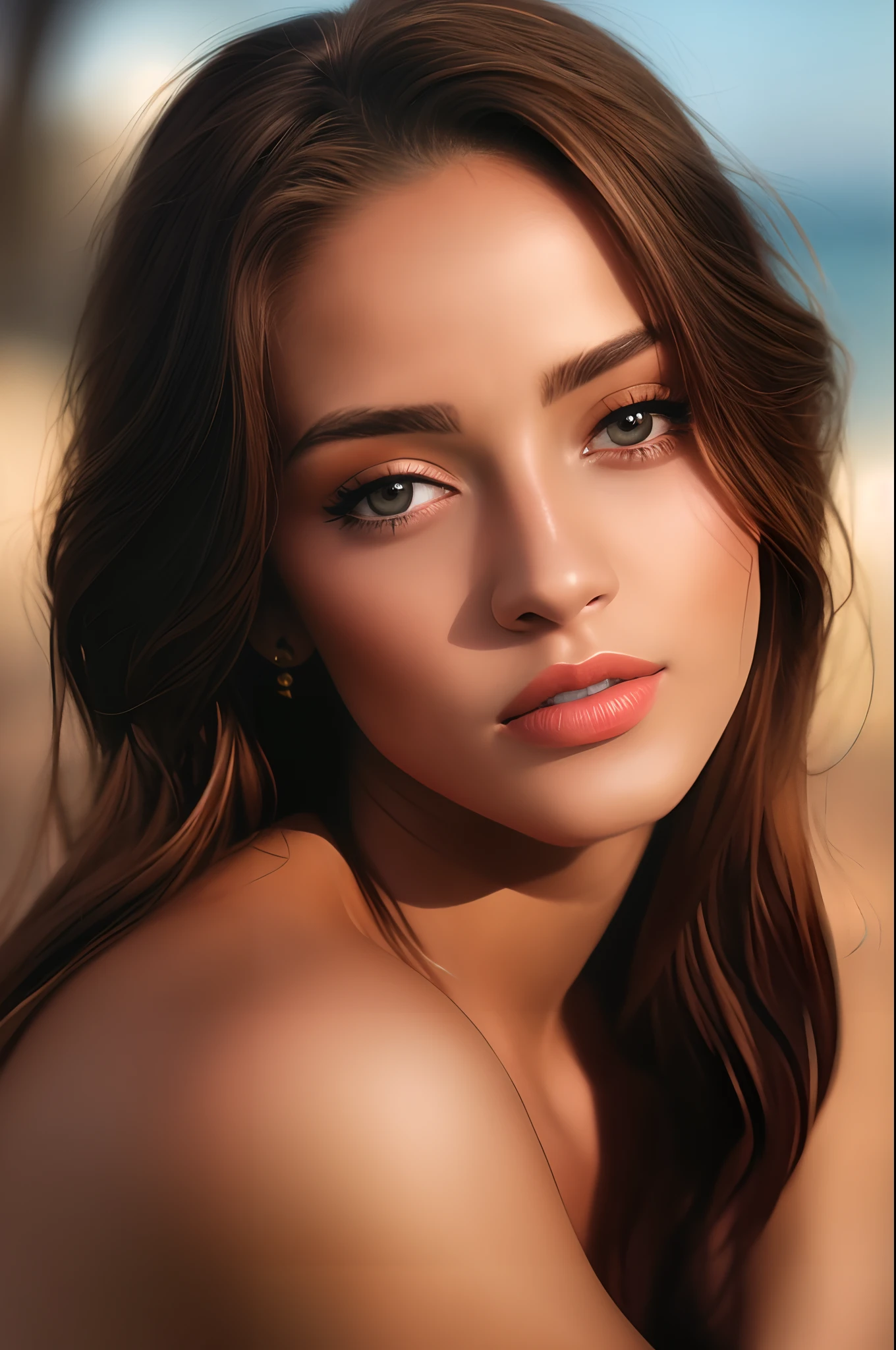 mulher arafed com longos cabelos castanhos e um top bronzeado em um fundo branco pintura digital fotorrealista, pintura digital realista, pintura digital ultra realista, rosto bonito fotorrealista, foto retrato suave 8 k, pintura digital hiper-realista, pintura digital hiper realista, liso. pintura digital, arte digital altamente realista, baixo detalhamento. pintura digital, estilo de arte fotorrealista