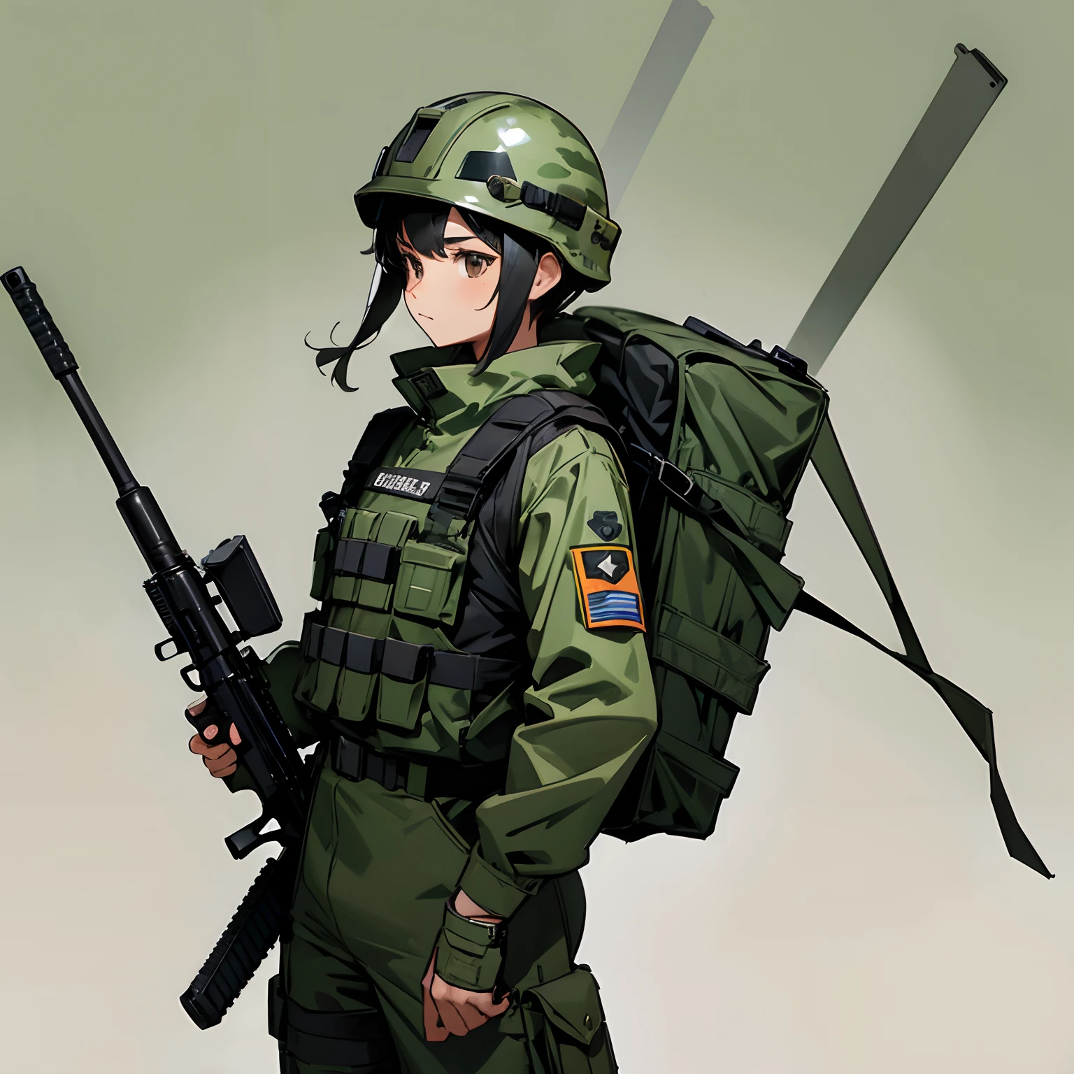 A soldier, black hair, brown eyes, soldier gear include Helmet, vest, rig, bagpack, holding assault rifle, wearing green camouflage suit