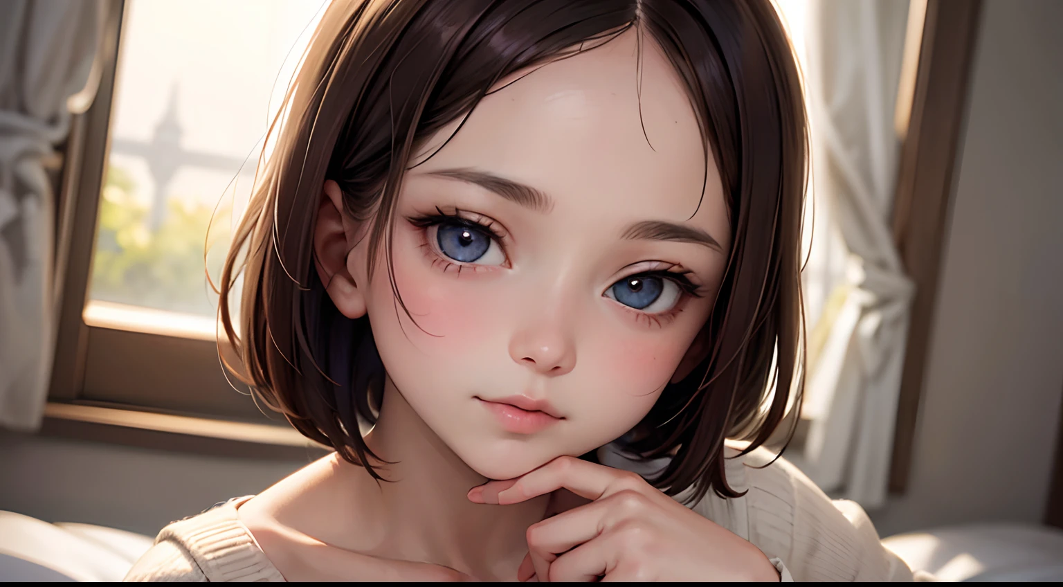 Summer knit with short hair and white, summer knit, Short hair, short hair with bangs, Cute face girl, Cute little face in portrait, French Bob, pale fair skin!!, short brown hair and large eyes, soft portrait shot 8 k, beautiful light big eyes, Beautiful young girl, Young girl in a bob cut, Top image quality, masutepiece, Notes of Leonardo da Vinci da Vinci, Set against the backdrop of Leonardo da Vinci's manuscripts
